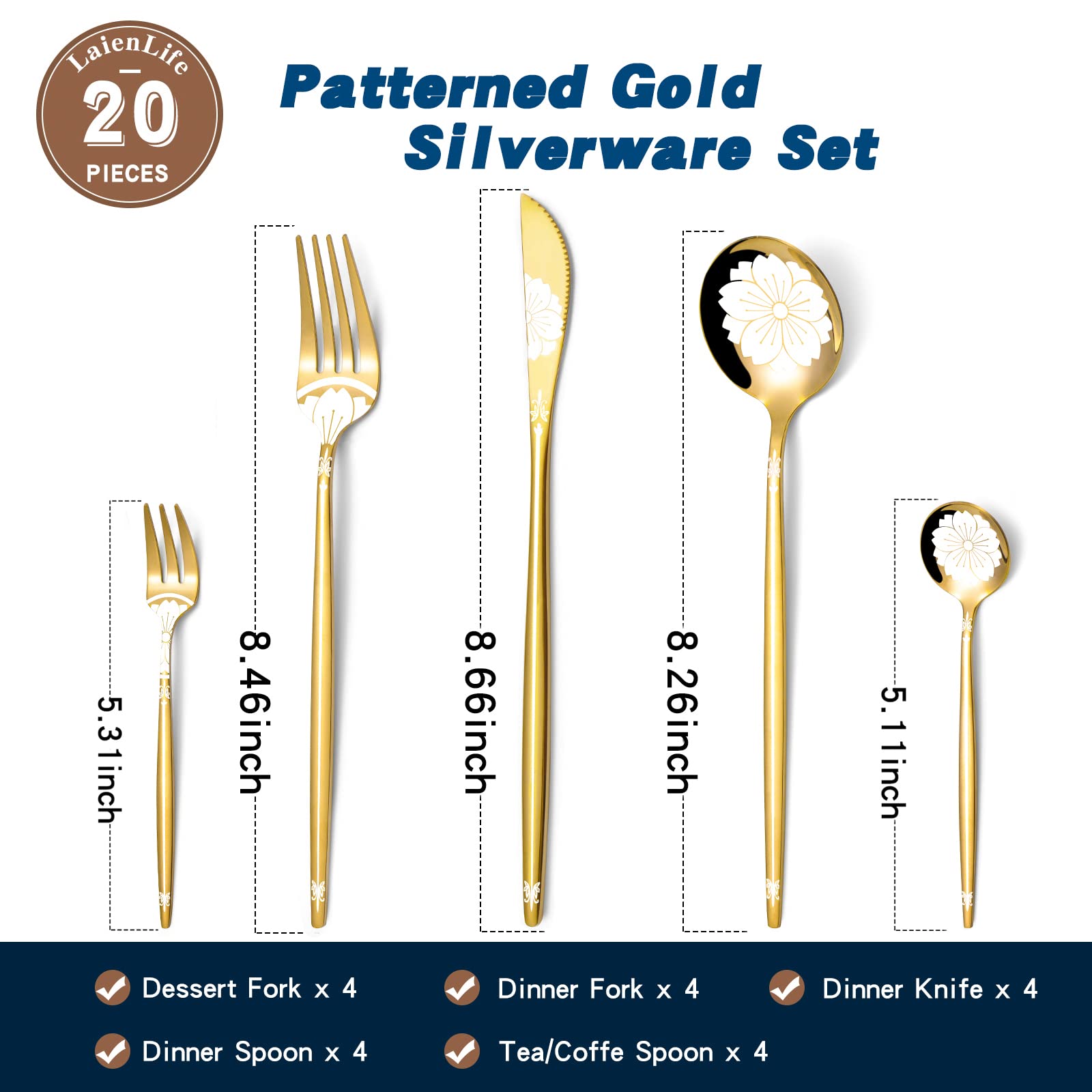 20-Piece Stainless Steel Gold Silverware Set with Elegant Pattern - Flatware Set for 4 People by LaienLife (Forks, Spoons, Teaspoon) - Mirror Polished, Dishwasher Safe - Perfect for Home Dining, Parties, and Kitchen Use