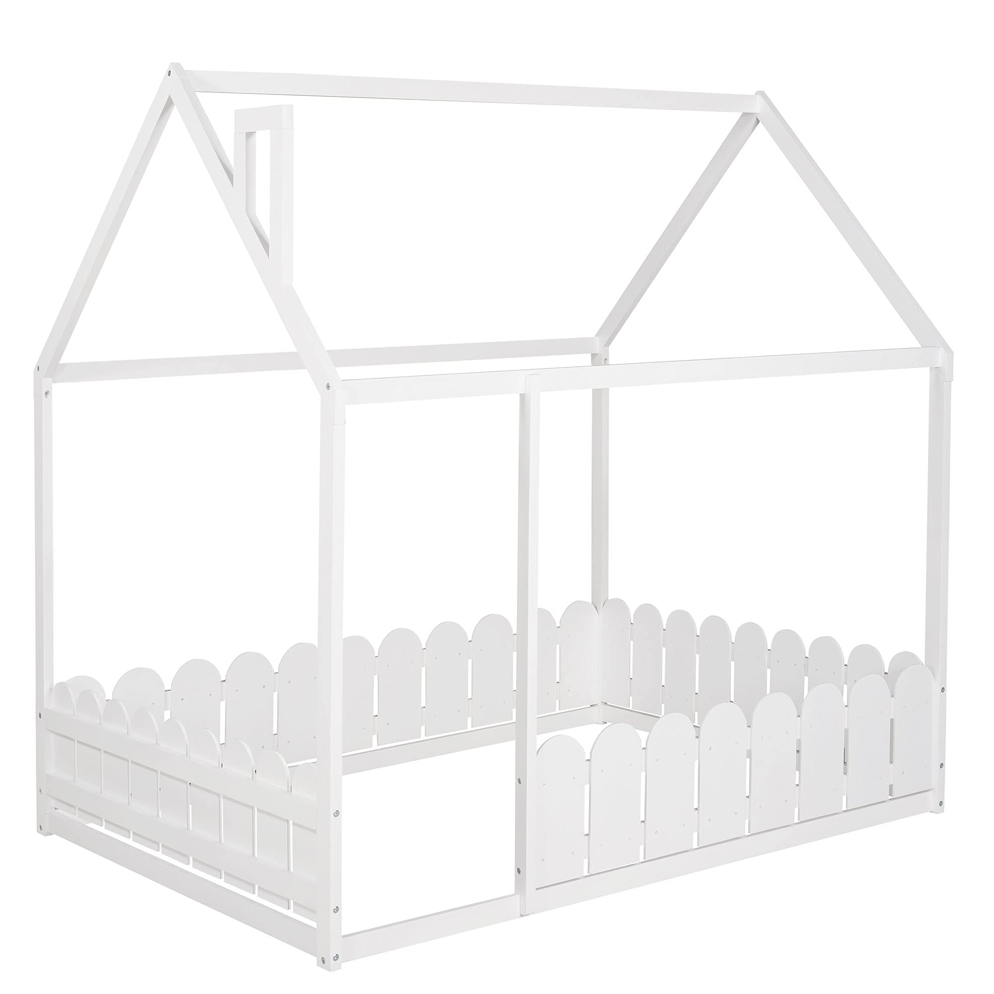 **Kids House Bed with Fence-Shaped Guardrails - Twin Size Floor Bed for Toddlers, Teens, Boys & Girls - High Weight Capacity - Full White - Perfect for Bedrooms, Playrooms & Montessori Spaces**