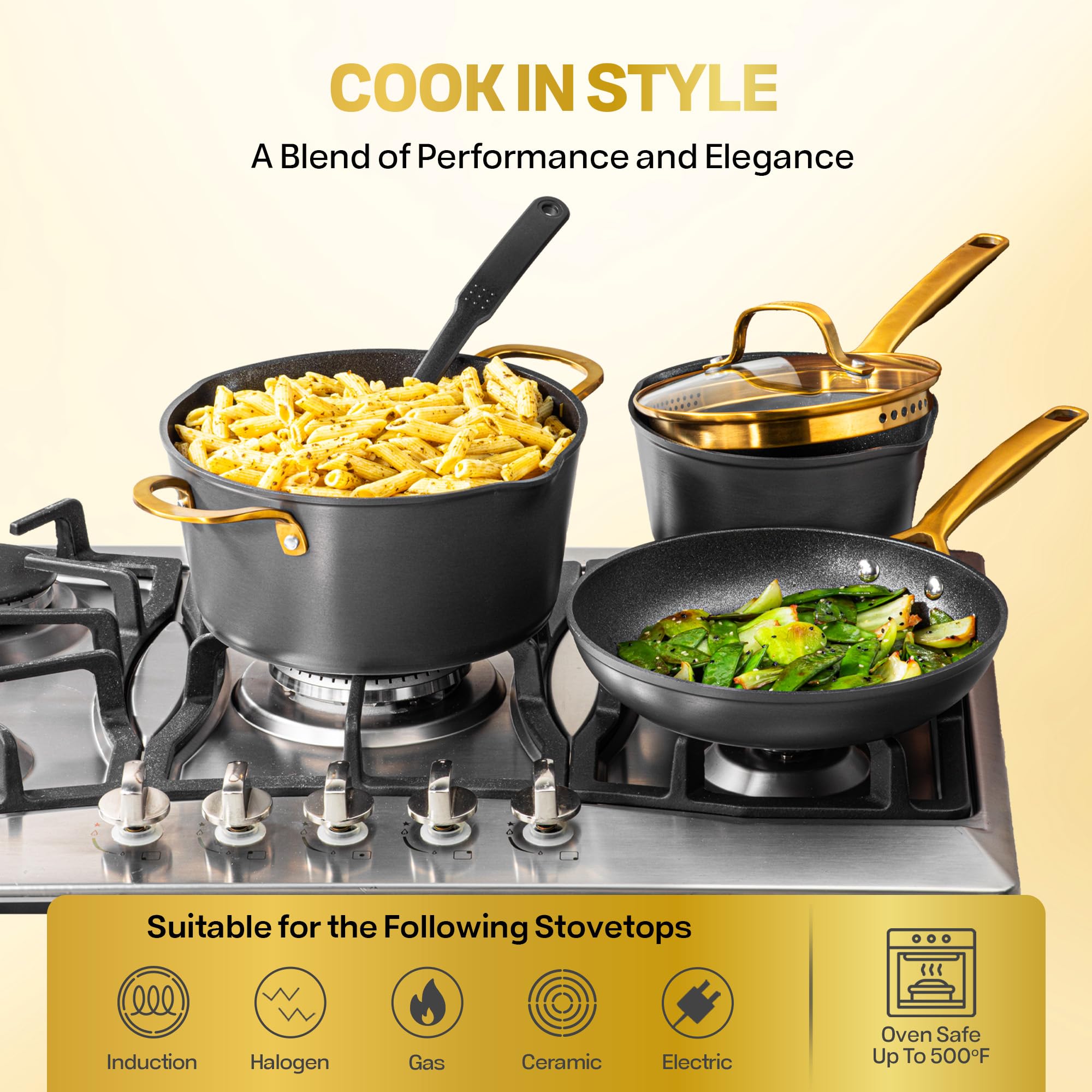 GRANITESTONE 14-Piece Induction Cookware Set - Nonstick Pots and Pans with Hard Anodized Coating | Oven & Dishwasher Safe | Perfect for Everyday Cooking, Family Meals & Professional Kitchens