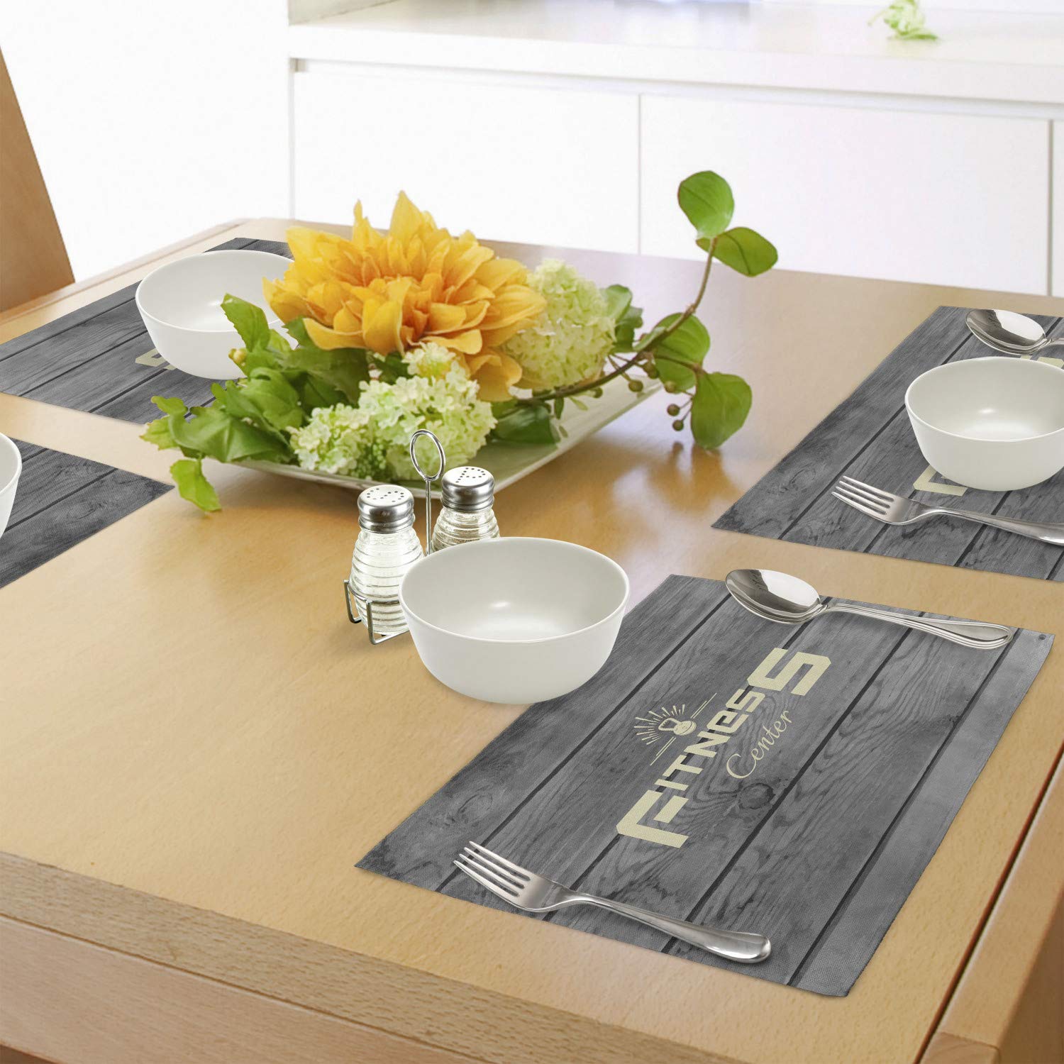 Ambesonne 4-Piece Fitness Themed Placemats Set - Washable Fabric Dining Table Mats with Wooden Planks & Aerobics Energy Training Design - Perfect for Gym Enthusiasts, Home Kitchen Decor, and Fitness Club Dining Areas (Pale Yellow, Black, Grey)