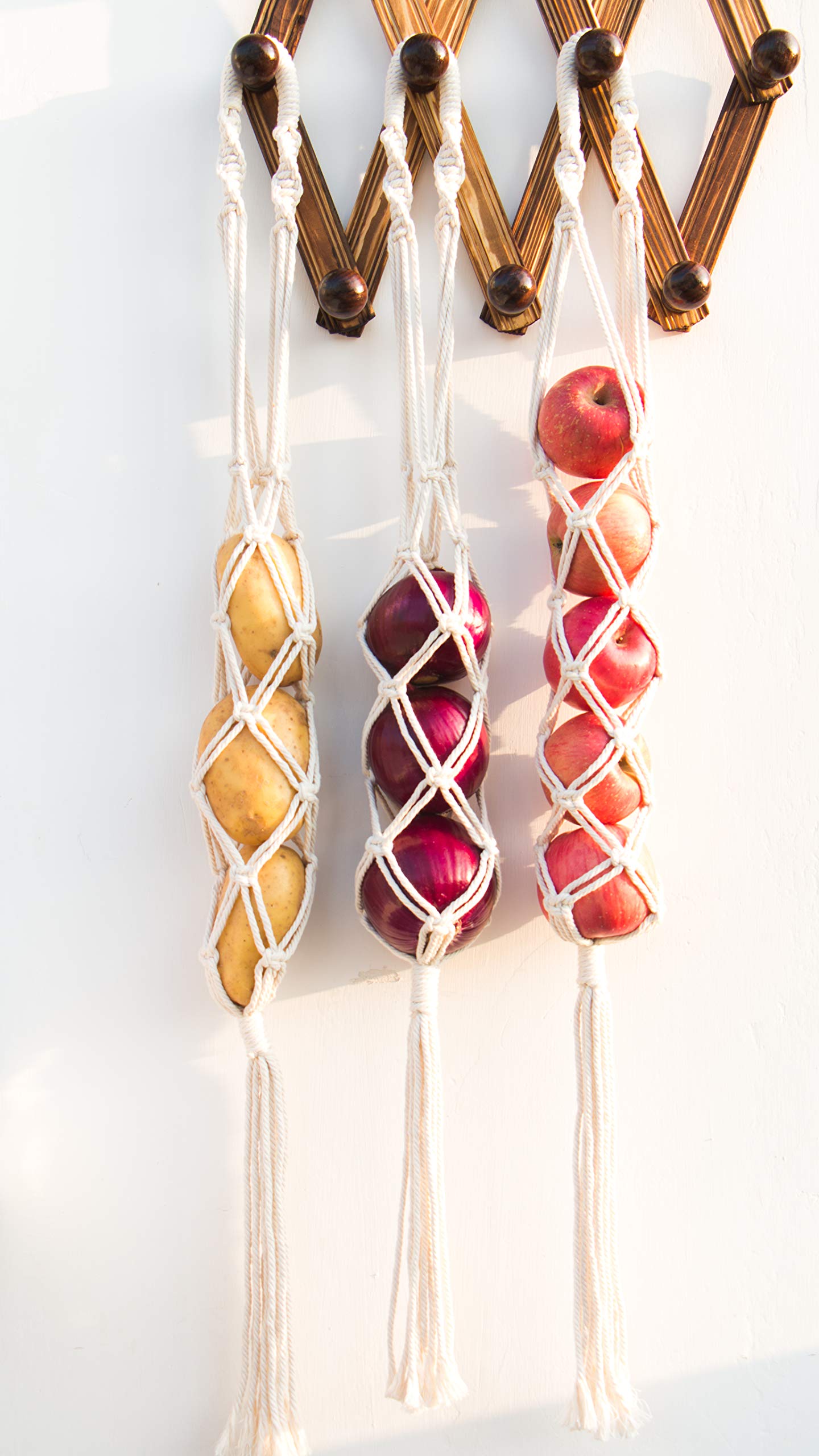 Decocove Macrame Hanging Fruit Basket Set of 3 - Boho Kitchen Storage for Potatoes, Onions & Fruits - Handwoven Wall Decor for Farmhouse, Apartment & Dorm Room - Perfect for Organizing Produce & Adding Boho Chic Style