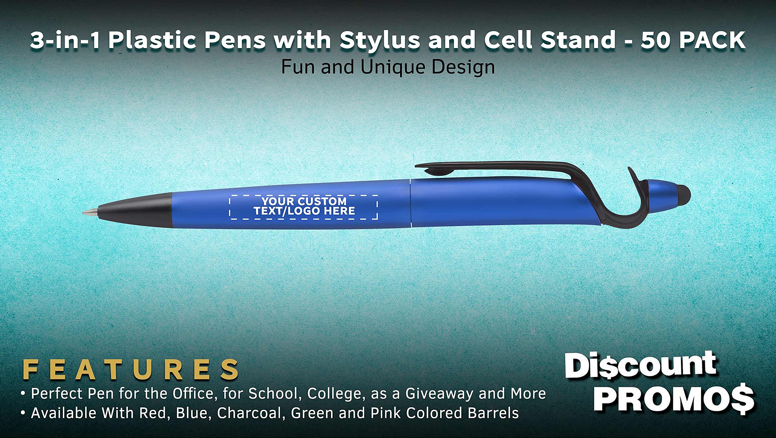 3-in-1 Multi-Function Plastic Pens with Stylus & Phone Stand - 50 Pack Bulk Office Supplies - Custom Text & Logo Printing - Ballpoint Black Ink Pens for Business Promotions, Giveaways & Corporate Events - Perfect for Trade Shows, Conferences & Employee Gifts