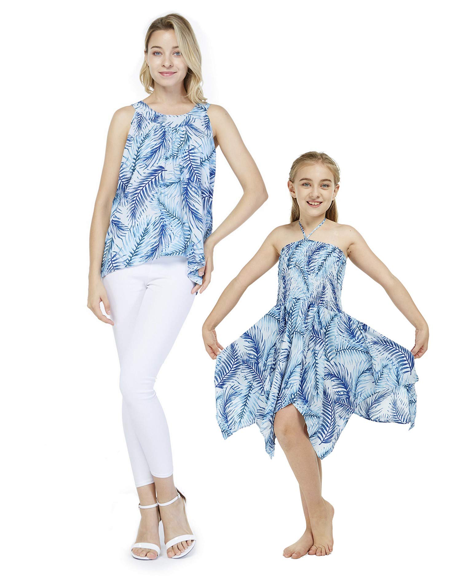 Matching Mother Daughter Hawaiian Luau Tank Top & Gypsy Dress Set - Simply Blue Leaf Print - Beach Vacation, Family Photos, Luau Party Outfits