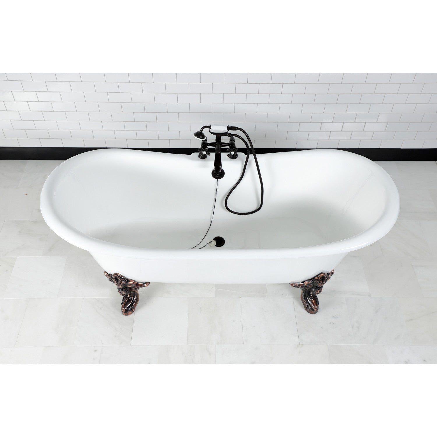 72 Inch White Cast Iron Clawfoot Bathtub - Oval Double Slipper Design with Oil Rubbed Bronze Faucet (7 Inch Drillings) | Vintage Bathroom Centerpiece for Luxury Spa Experience