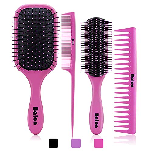 4Pcs Paddle Hair Brush Set - Detangling Brush & Hair Comb for Women - Wet & Dry Hair Use - No Tangle Hairbrush for Long, Thick, Thin, Curly & Natural Hair (Pink) - Perfect for Home, Travel & Salon Styling