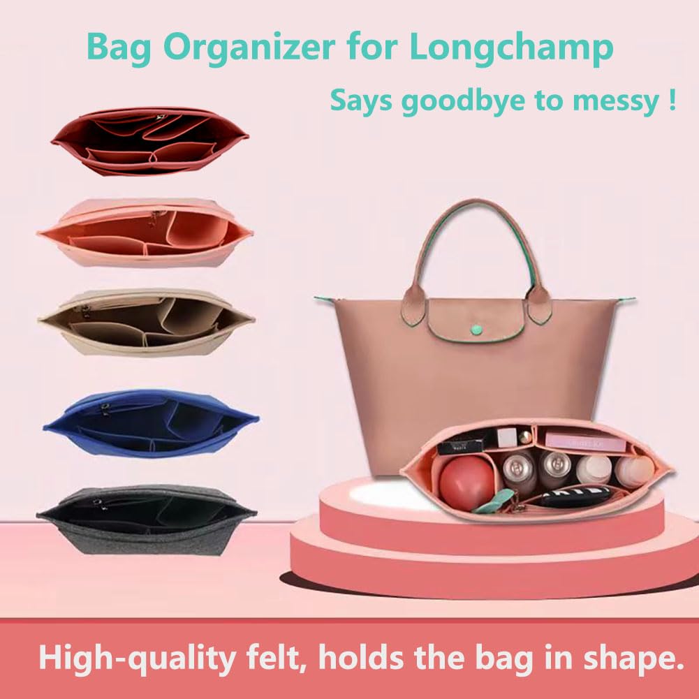 Luxury Felt Purse Organizer Insert for Longchamp - Medium Black Handbag Organizer with Divider Pockets & Zipper - Perfect for Travel, Work & Everyday Use