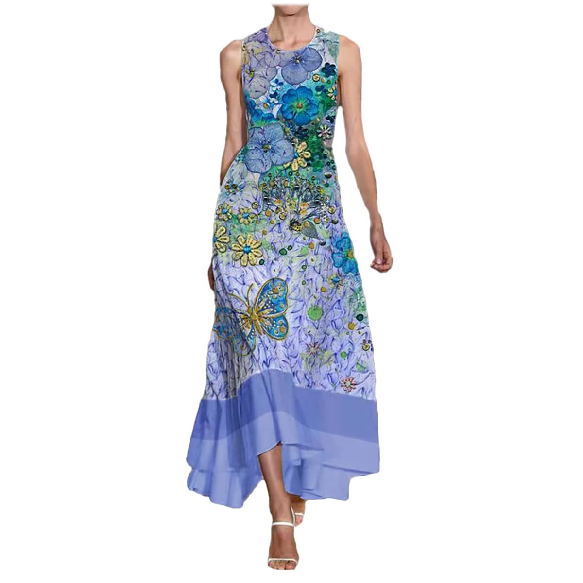 Neoucdy Women's Bohemian Floral Summer Maxi Dress - Sleeveless Round Neck Casual Beach Dress for Vacation, Party & Outdoor Activities