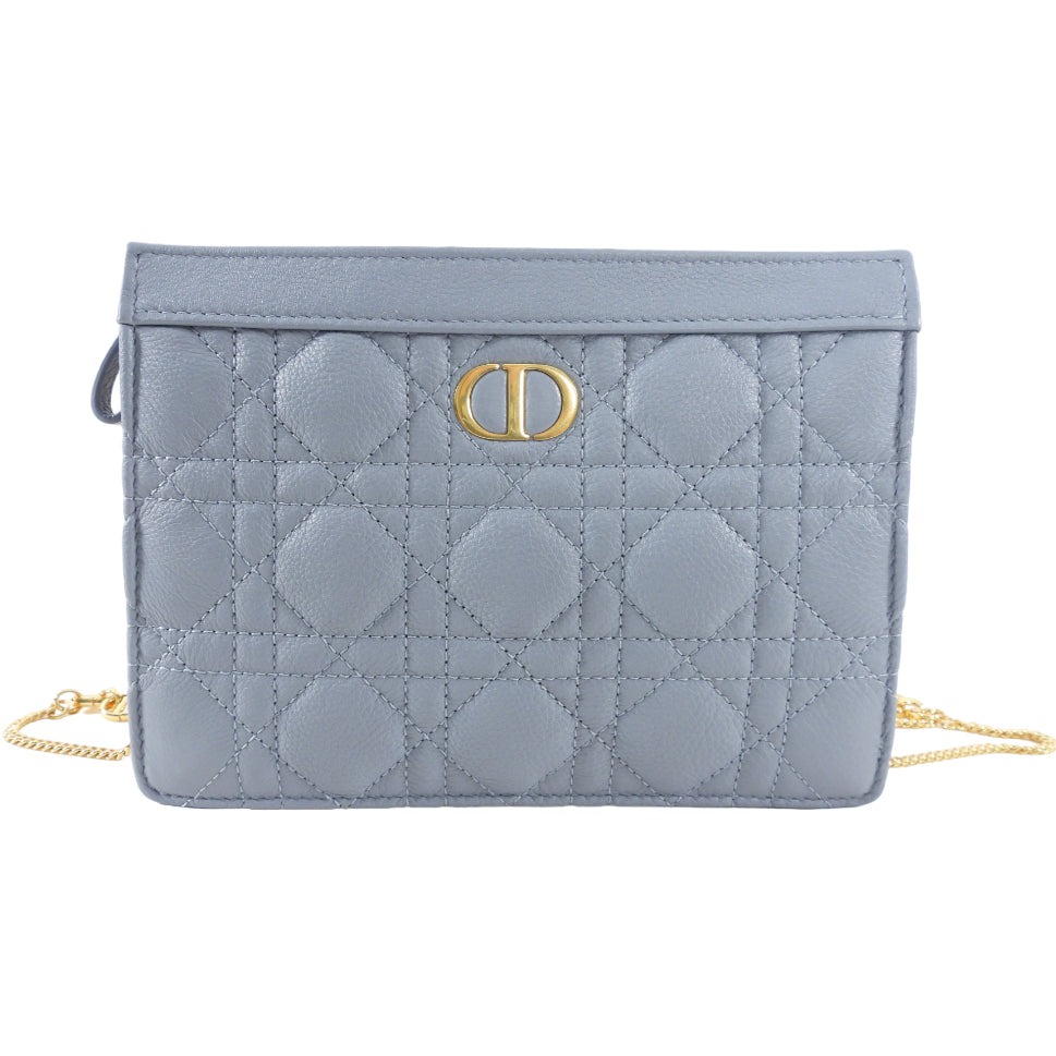 Christian Dior Cloud Blue Quilted Leather Caro Bag with Chain - Luxury Crossbody Pouch for Women, Perfect for Evening Parties & Date Nights