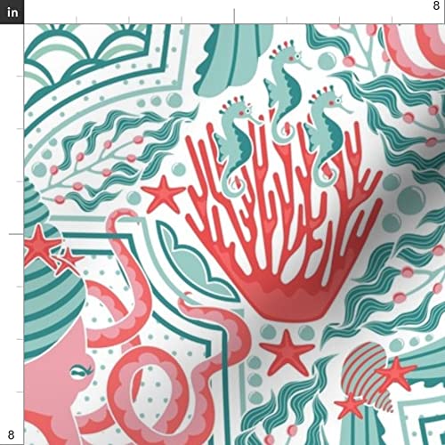 Eat Kelp Large Pink Teal Red Retro Beach Damask Seaweed Printed Minky Fabric by The Yard - Soft Plush Material for Sewing Baby Blankets, Quilt Backing & DIY Projects - Perfect for Nursery Decor, Coastal Themed Bedding & Beach House Accessories