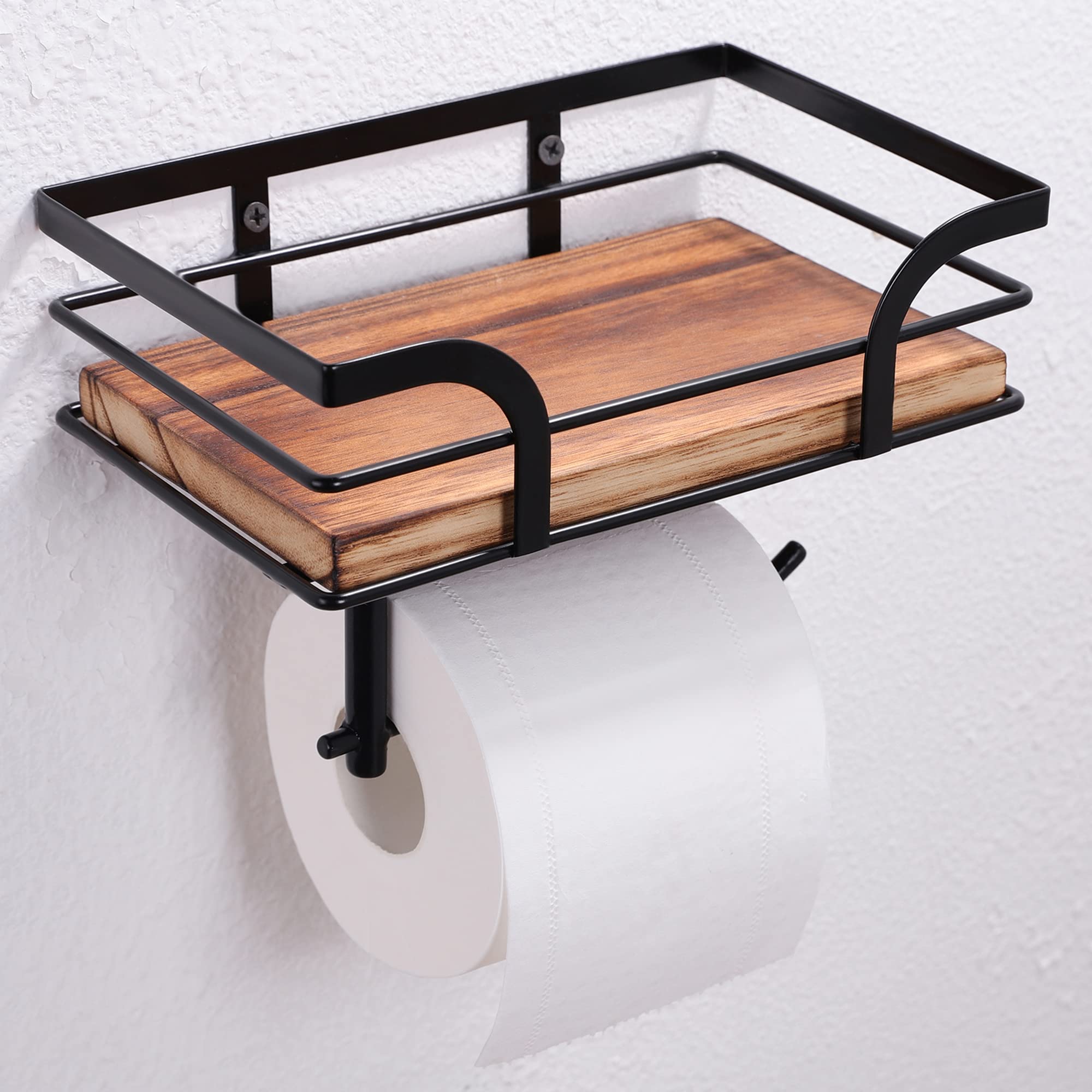 Rustic Farmhouse Toilet Paper Holder with Shelf - Warm Brown Wood Bathroom Organizer for Tissues, Cell Phone & Books - Black Metal Wall Mounted Storage for Farmhouse, Country & Vintage Style Bathroom Decor - Perfect for Small Bathrooms, Powder Rooms & Rustic Home Accessories