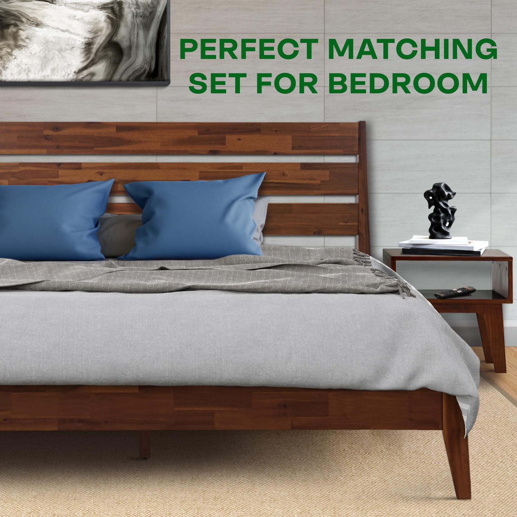 Acacia Emery Solid Wood Platform Bed Frame with Nightstand Set - Queen Size Walnut Wood Headboard & Bedside Table - Easy Assembly for Modern Bedroom Furniture