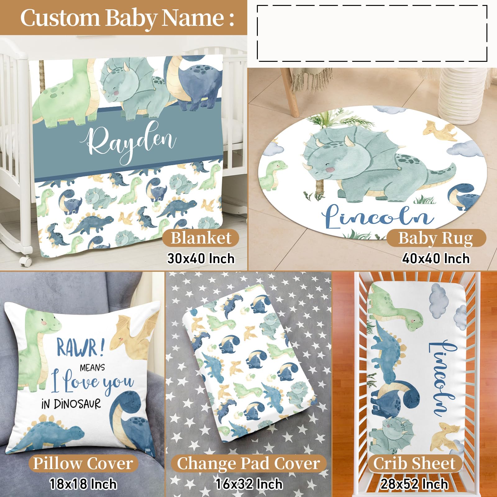 **Personalized Dinosaur Crib Bedding Set for Baby Boys & Girls - 5-Piece Nursery Set with Custom Name, Soft Crib Sheets, Blanket & Pillowcase - Perfect Baby Shower Gift & New Parents Gift for Dinosaur-Themed Nursery**    *(Ideal for dinosaur-themed nurseries, baby showers, or as a cozy and stylish gift for new parents!)*