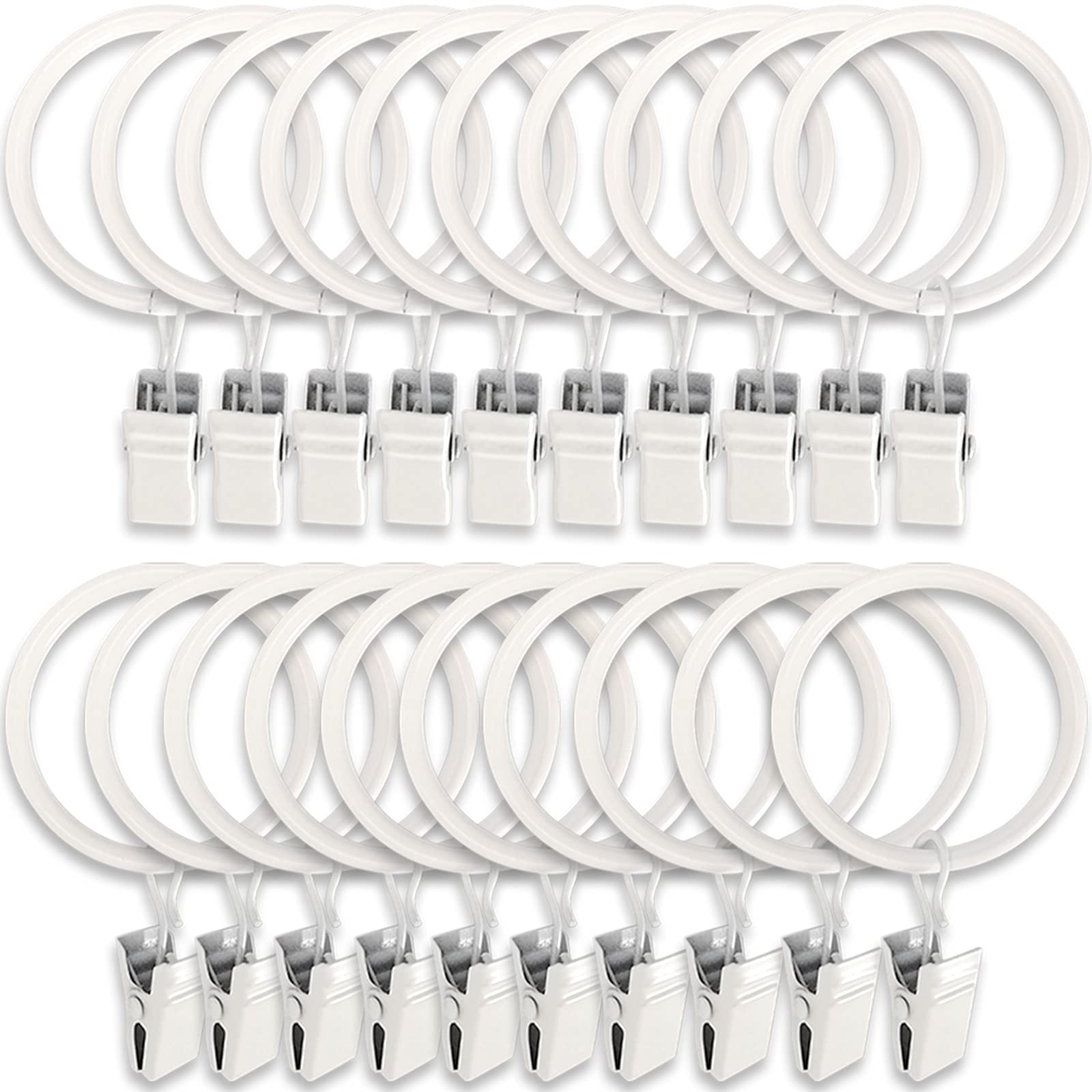 20 Pack White Metal Curtain Rings with Clips - 1.5 Inch Interior Diameter Curtain Hooks for Hanging Drapes, Sheers & Valances - Perfect for Living Room, Bedroom & Window Decor