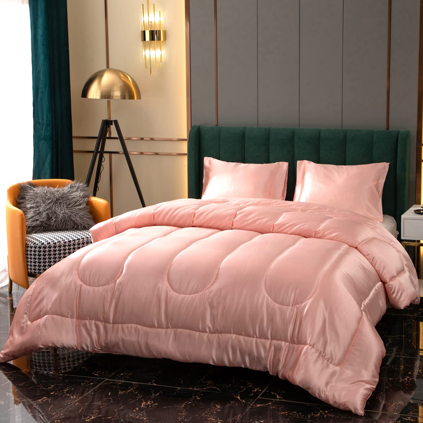 Luxury Pink Silk Satin Comforter Set - Twin Size with 1 Pillowcase, Soft Polyester Filling, Solid Light Pink Bedding for Girls - Perfect for Cozy Bedrooms, Guest Rooms & Dorm Decor