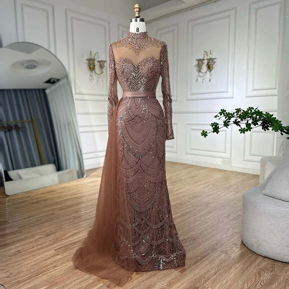 Elegant Brown Beaded Mermaid Evening Gown with Detachable Side Overskirt LA71913A - Perfect for Prom, Gala & Formal Events
