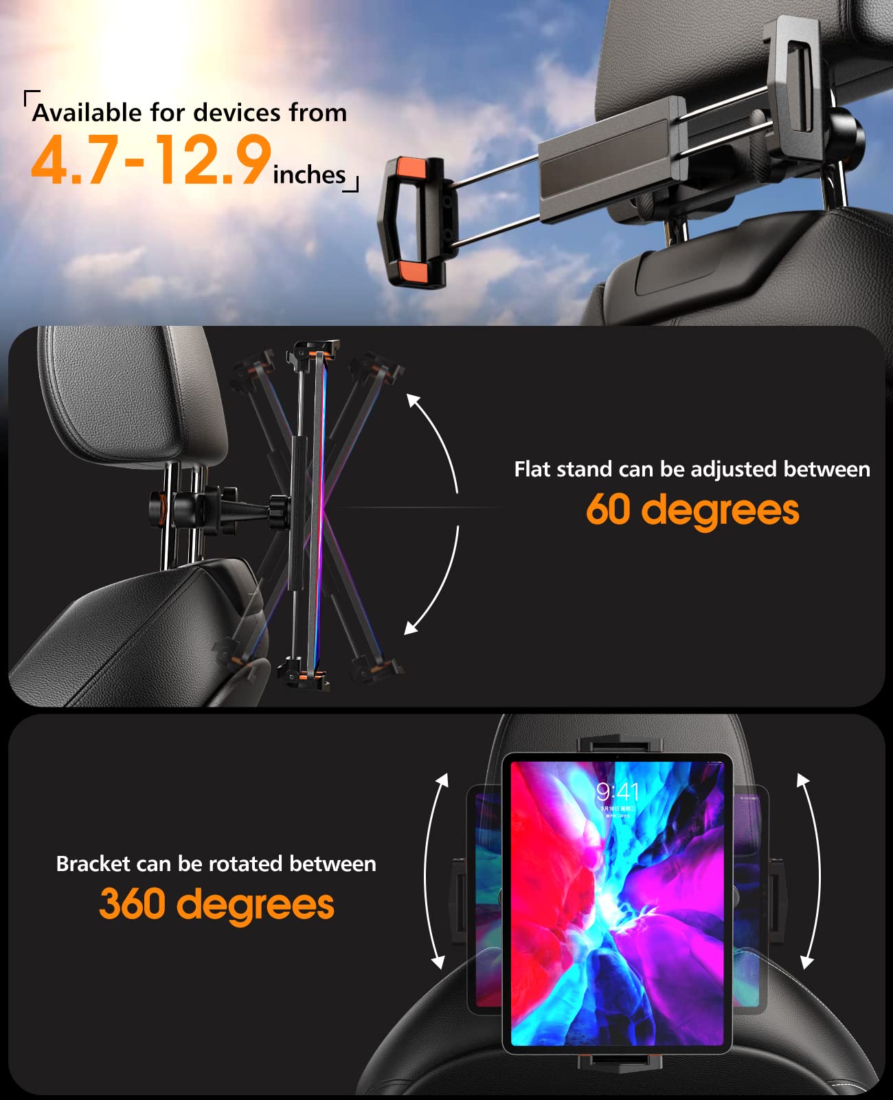 KEUASX Car Tablet Holder - Adjustable 360° Rotating Headrest Mount for iPad Pro/Air/Mini (4.7-12.9 Inch) - Portable Travel Stand for Kids & Adults - Perfect for Road Trips, Backseat Entertainment & Long Flights - Black