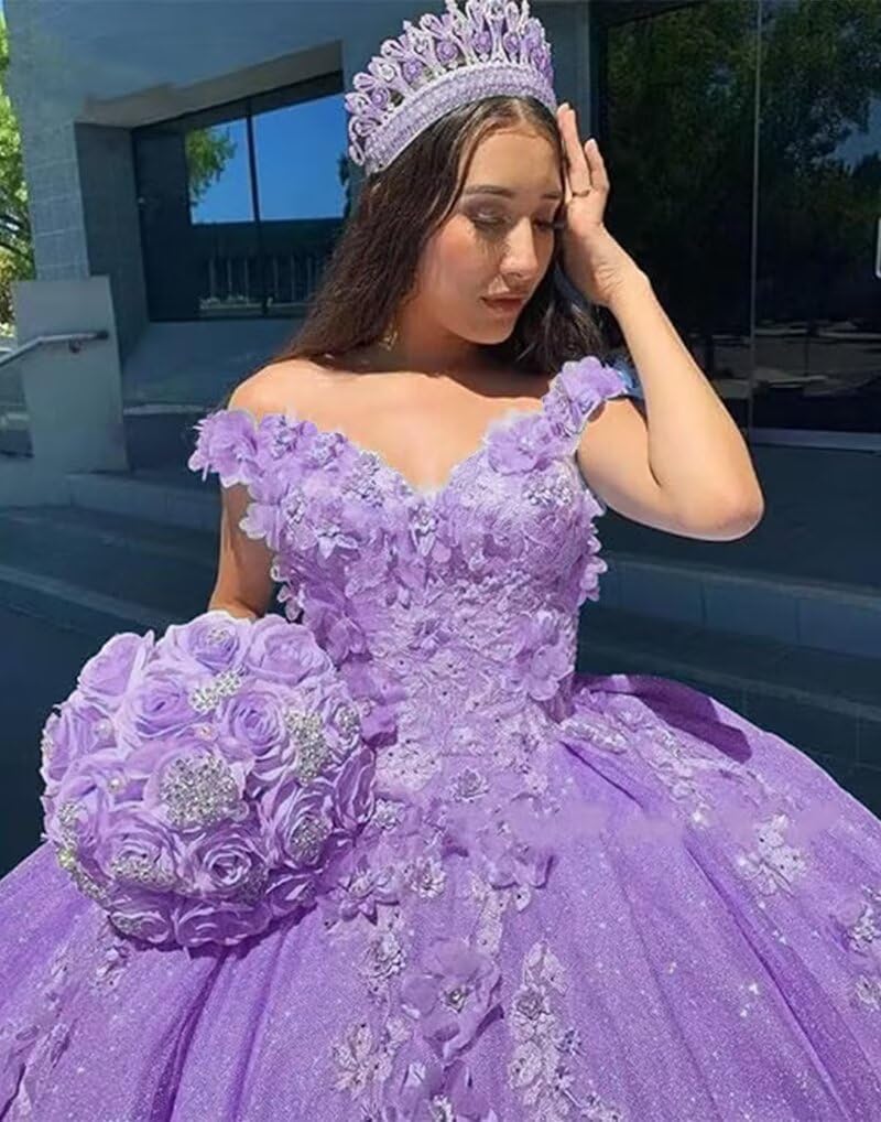 Elegant Long Prom Dress with Off-the-Shoulder Design | Quinceañera Ball Gown with 3D Handmade Tulle Flowers | Sweet 16 Dresses for Formal Dances & Special Occasions