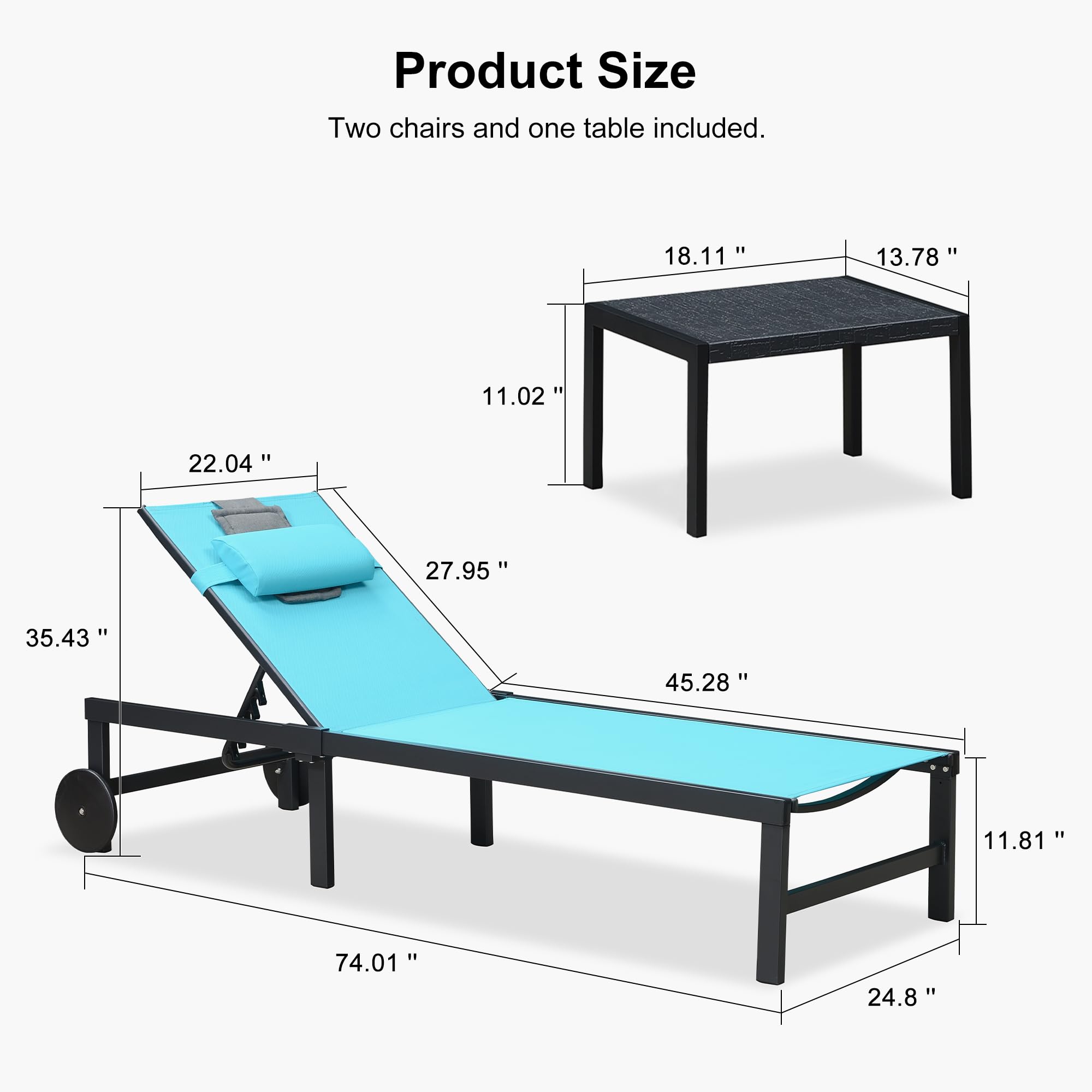 PURPLE LEAF Outdoor Tanning Lounge Chair Set - Adjustable Reclining Poolside Beach Chair with Face Hole, Wheels, Pillows & Table - Patio Aluminum Sunbathing Lounger (Blue) - Perfect for Backyard, Pool, Beach & Resort Relaxation