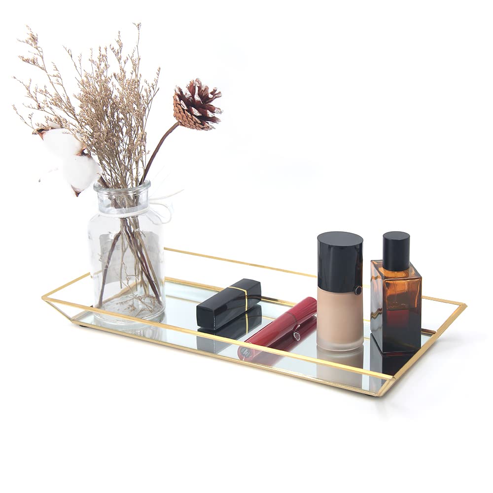 Elegant Gold Vanity Tray for Jewelry & Makeup Organizer | 13.4x6.3 Inch Decorative Mirror Tray for Dresser, Coffee Table, Bathroom | Perfect for Wedding Decor, Perfume Display & Home Organization