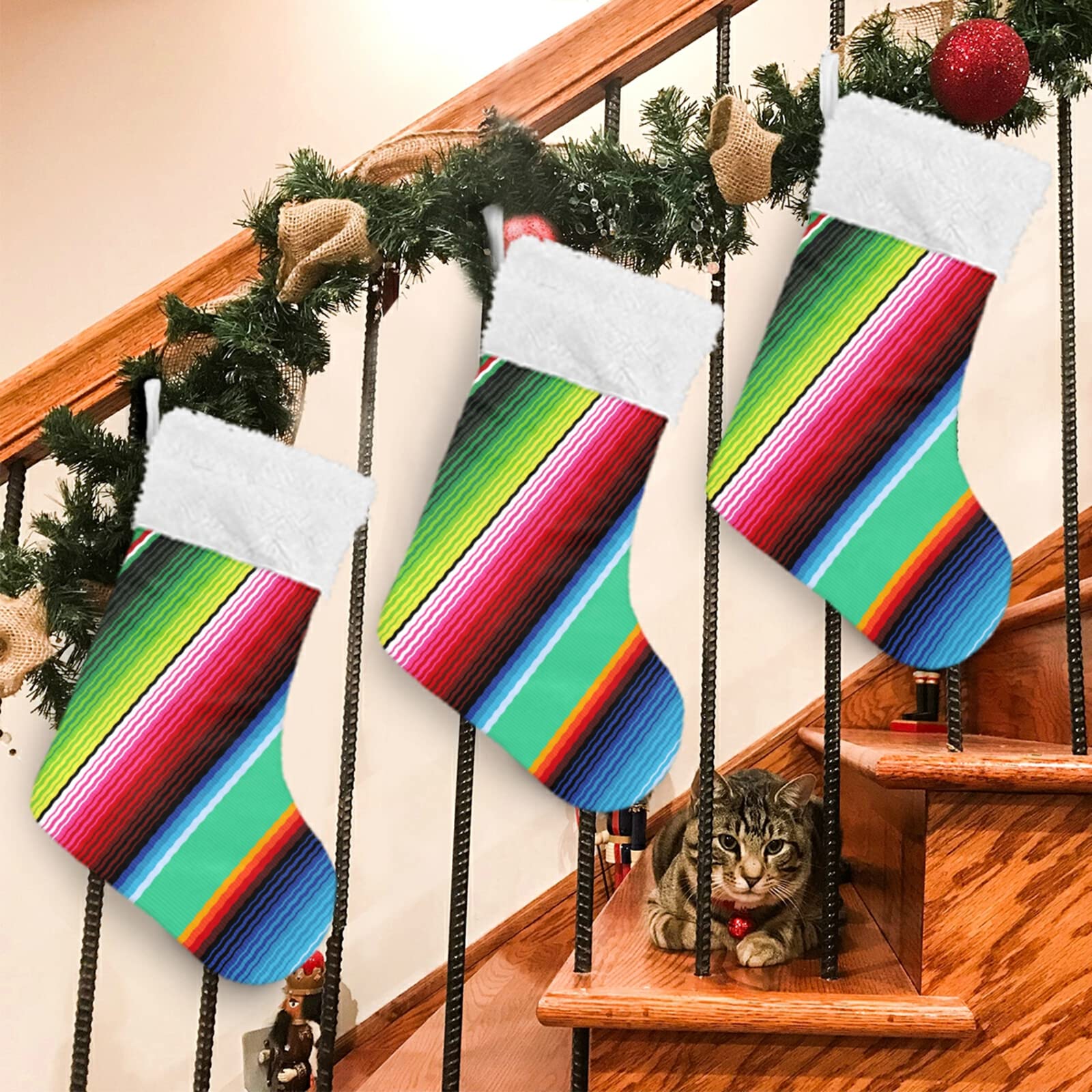 1 Pack Mexican Serape Striped Christmas Stocking - 17.7 Inch Fireplace Hanging Decor for Holiday Home, Party & Gift Exchange | Xmas Mantel Decoration, Festive Seasonal Ornament