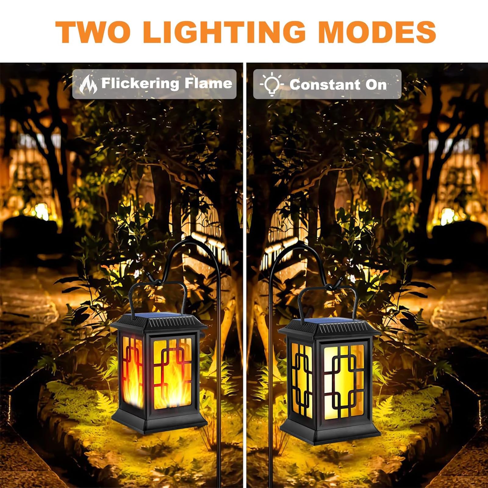Solar Powered Outdoor Lanterns - Waterproof Hanging Garden Lights with LED Flame Effect for Patio, Pathway, Deck & Yard (2 Pack) - Perfect for Backyard Parties, Camping & Emergency Lighting