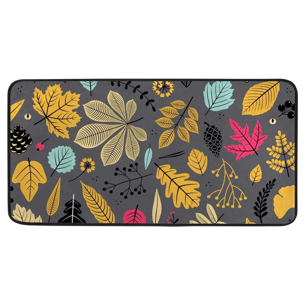 Non-Slip Memory Foam Kitchen & Bathroom Rug - Soft Plush Floor Mat, Dark Gray Autumn Leaf Design, Extra Thick & Machine Washable (39x20 Inch) - Perfect for Entryway, Laundry Room, and Bedroom Decor