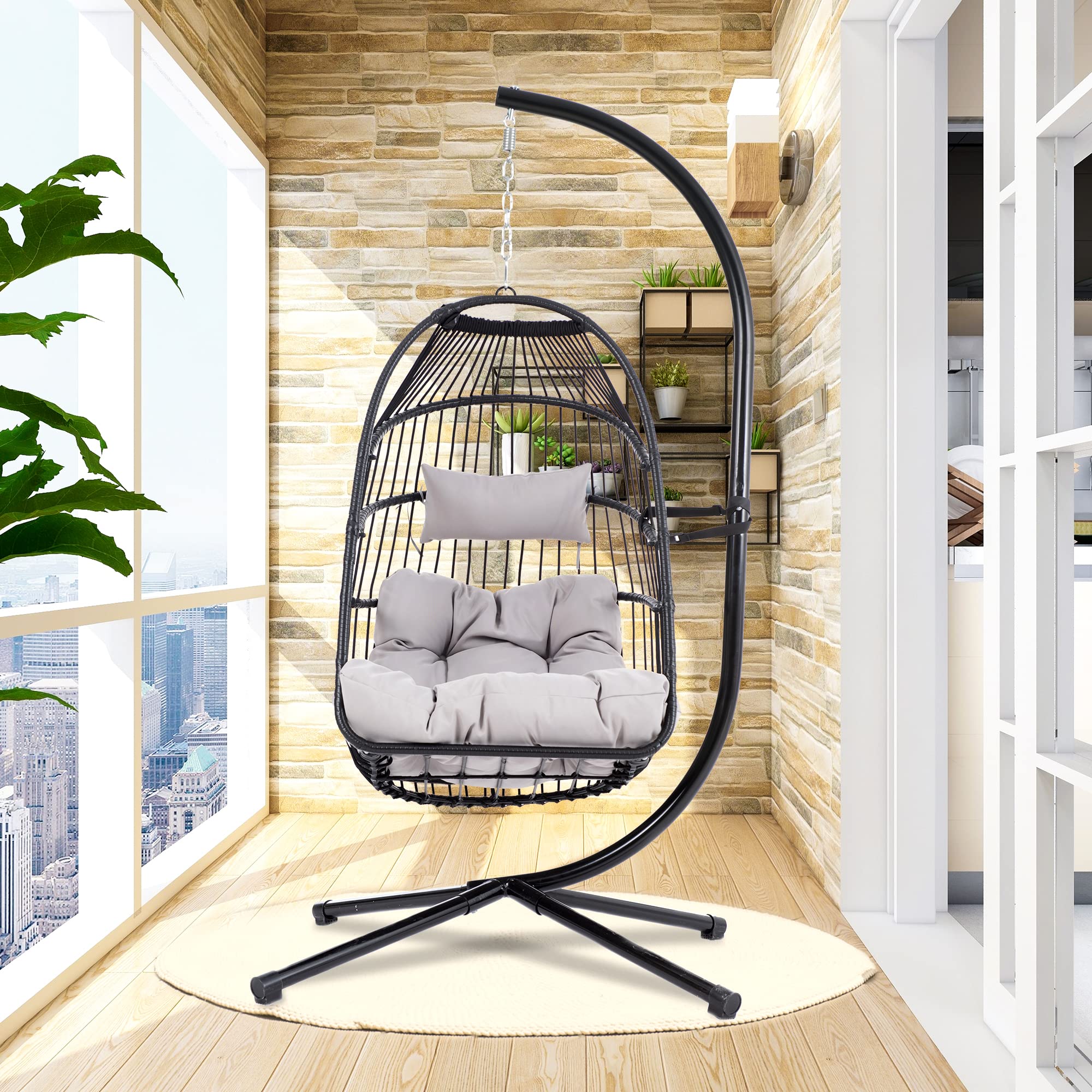 Outdoor Hanging Egg Chair - Foldable PE Rattan Wicker Swing Hammock with Steel Stand & Comfort Cushion for Patio, Balcony, Porch, Bedroom - Perfect for Relaxing, Reading & Lounging (Gray)