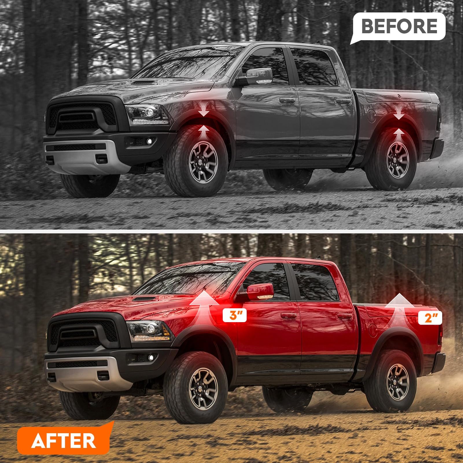 2009-2023 Dodge Ram 1500 Leveling Lift Kit - F3 & R2 Front & Rear Forged Aluminum Strut Spacers - Perfect for Off-Roading, Truck Customization & Enhanced Ground Clearance