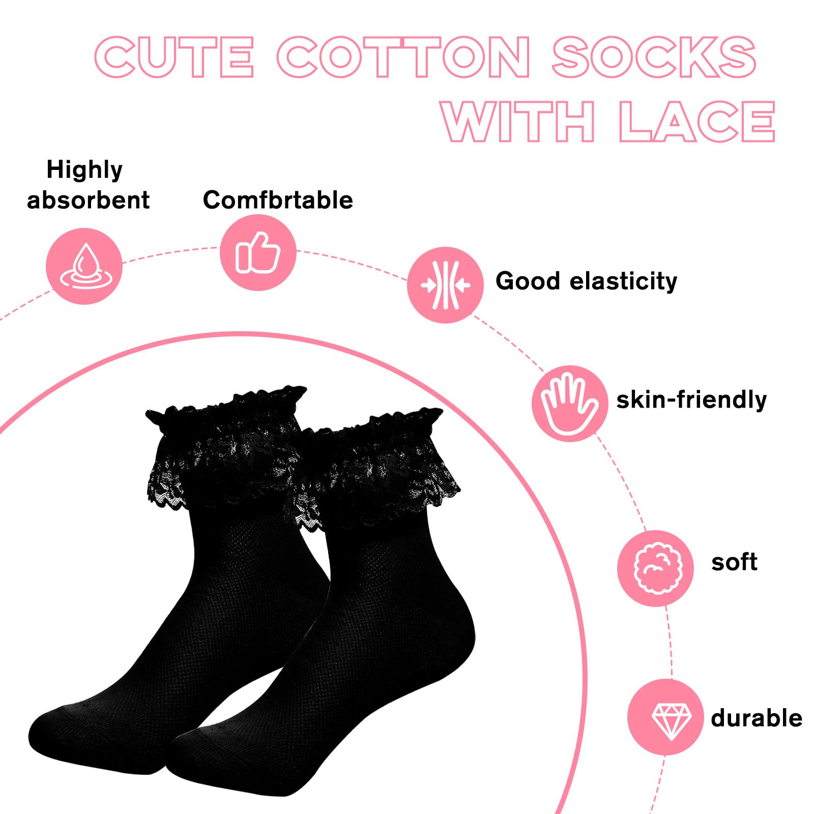 2 Pairs Women's Lace Ruffle Ankle Socks - Soft Comfortable Frilly Crew Socks for Everyday Wear, Office, and Special Occasions
