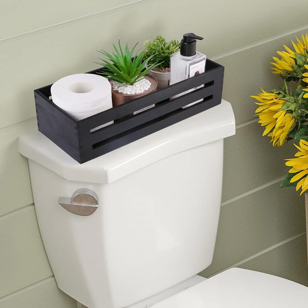 LotFancy 2-Pack Wooden Toilet Paper Holder & Black Toilet Tank Storage Basket - Farmhouse Bathroom Decor Organizer for Toilet Tank Top & Back | Perfect for Small Bathroom Organization, Rustic Home Decor, and Space-Saving Storage Solutions
