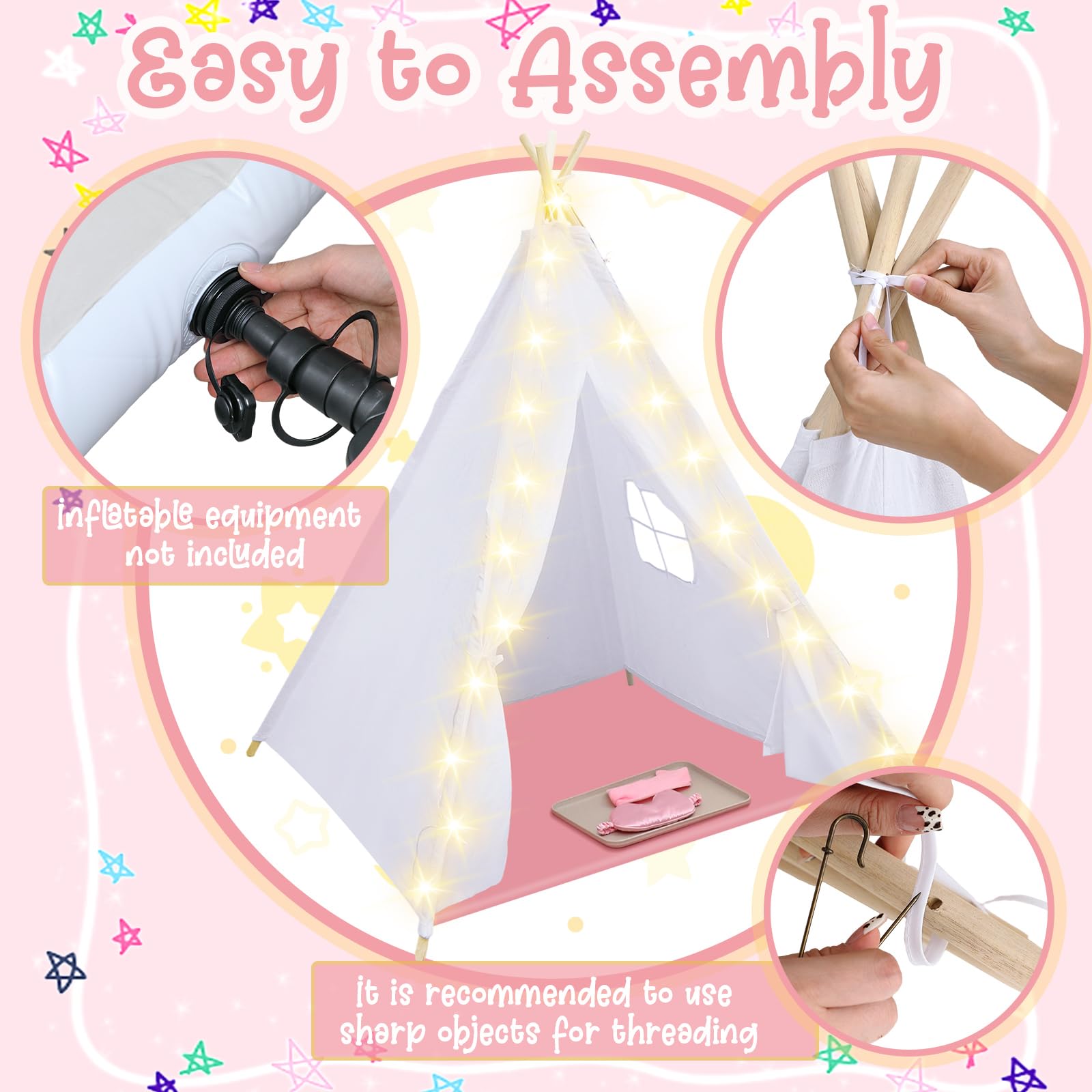 Windyun 8-Pack Kids Teepee Tent with Light Blankets & Trays - Natural Cotton Play Tent for Toddlers, Washable Children's Sleepover Teepee for Boys & Girls - Indoor/Outdoor Slumber Party & Birthday Gift - Perfect for Playrooms, Backyards & Birthday Celebrations
