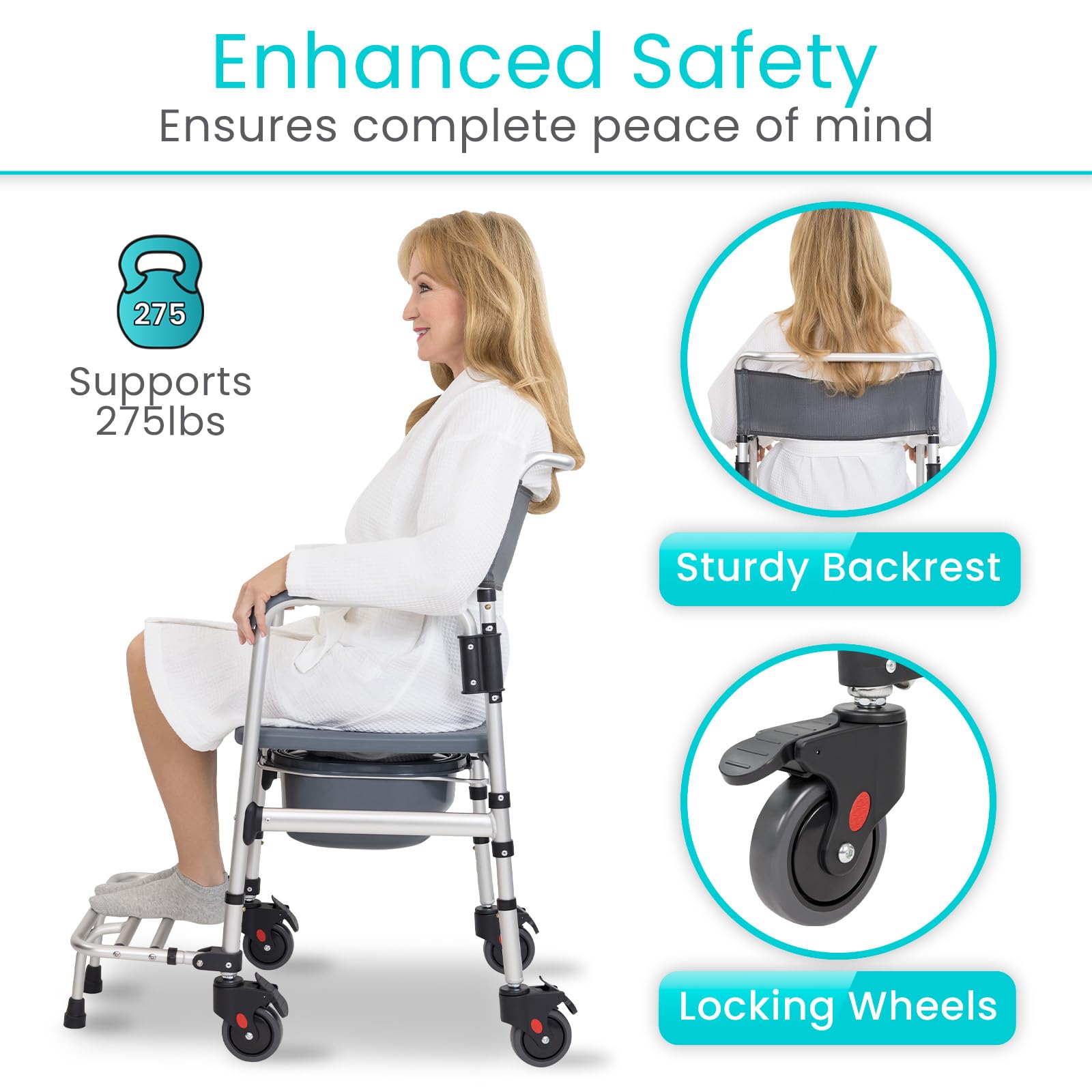 Vive Commode Shower Chair with Wheels - Adjustable Height Rolling Toilet Seat for Elderly, Disabled & Seniors - Bathroom Safety Transfer Chair with Arms, Non-Slip Footrest & Removable Bucket - Ideal for Home Care, Assisted Living & Mobility Assistance