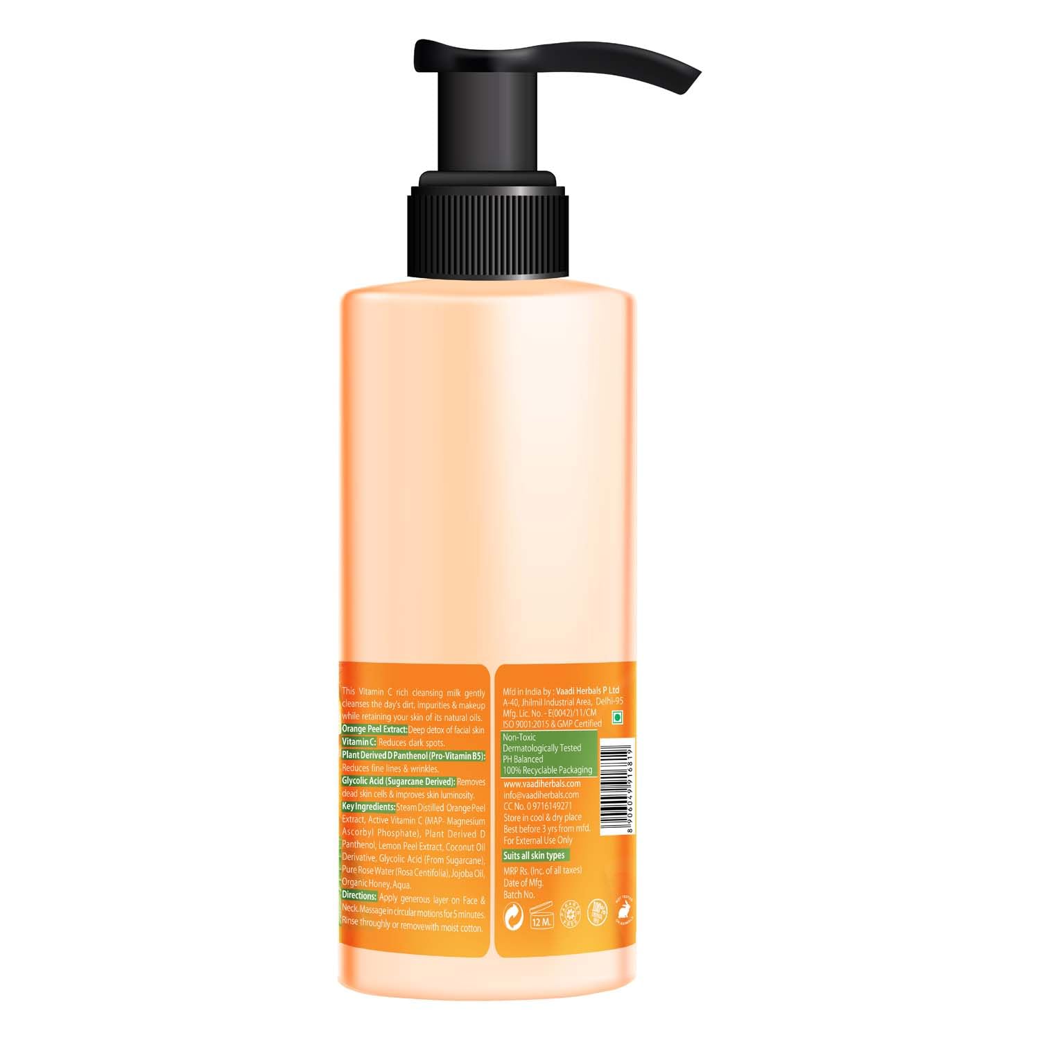 Vaadi Herbals Vitamin C Cleansing Milk with Pro Vitamin B5 & Glycolic Acid - Hydrating Makeup Remover & Instant Facial Cleanser (110ml) for Glowing Skin | Perfect for Daily Skincare Routine & Travel-Friendly Beauty Essential