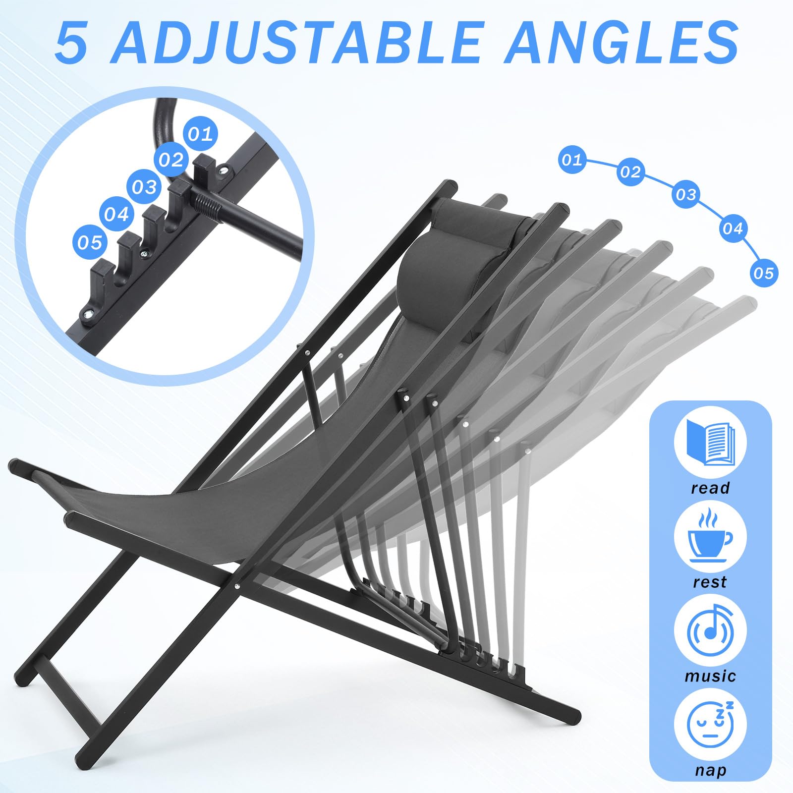 2 Pack Foldable Outdoor Lounge Chairs with Headrest - Adjustable 5-Level Height Aluminum Reclining Sling Chairs for Patio, Beach, Pool, Camping, Garden & Yard - Portable & Lightweight (Black) | Perfect for Relaxing, Sunbathing & Outdoor Lounging