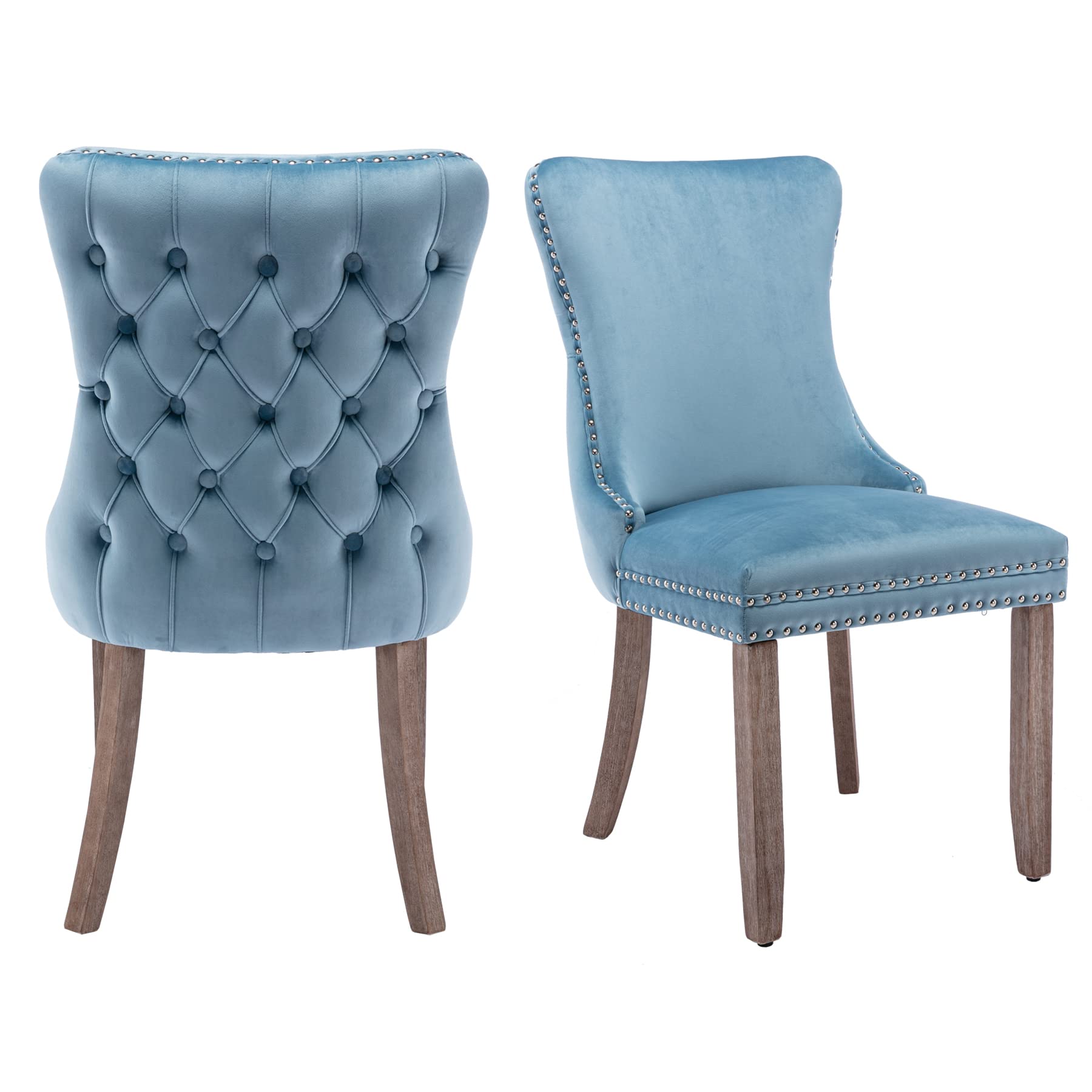 Luxury Velvet Upholstered Dining Chairs Set of 2 - Wingback Accent Chairs with Solid Wood Legs, Nailhead Trim & Button Tufted Back - Elegant Kitchen & Dining Room Decor for Home, Restaurant, Wedding (Light Blue)