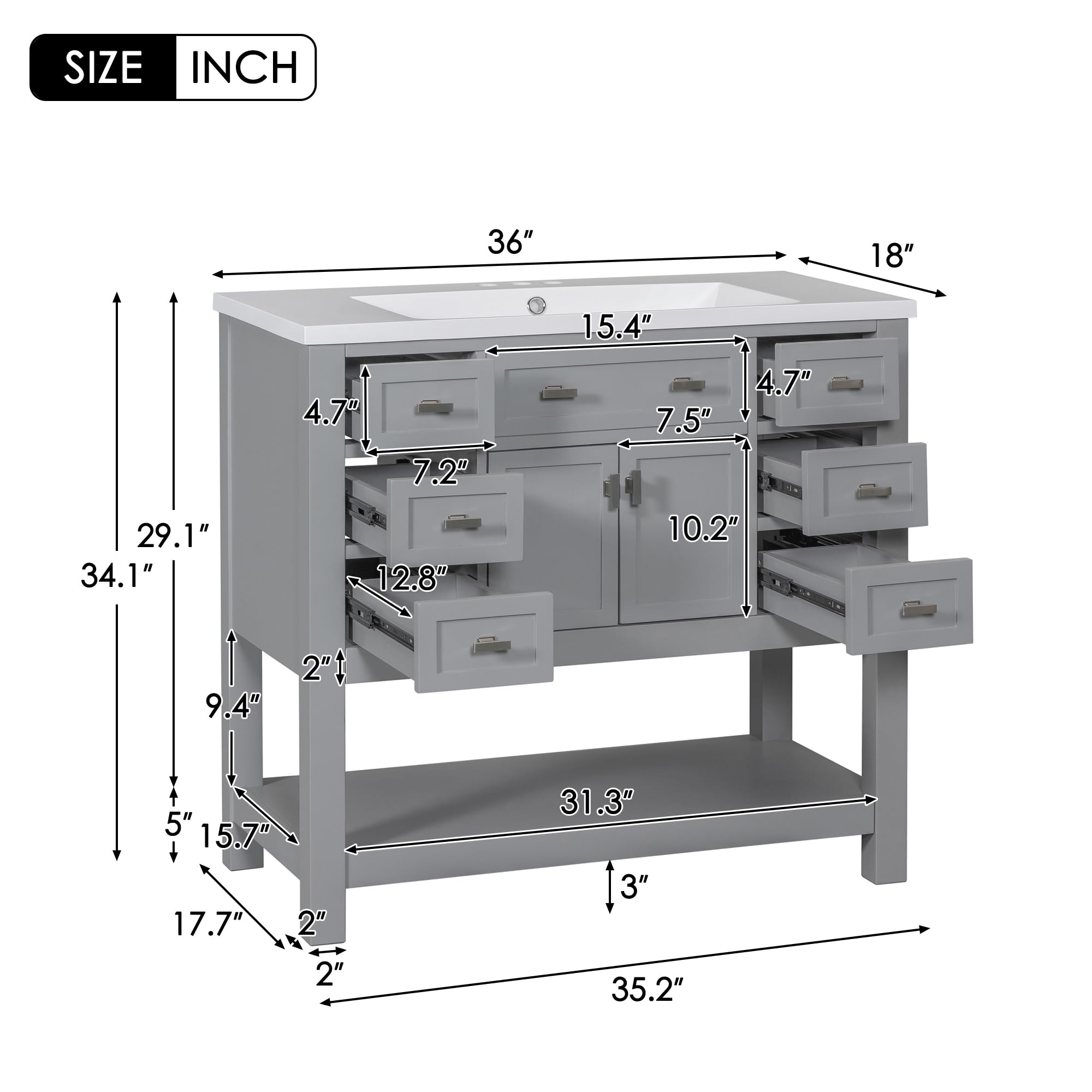 36 Inch Freestanding Bathroom Vanity with Sink - Soft Closing Doors & Drawers - Modern A1 Grey Finish - Perfect for Small Bathrooms & Powder Rooms
