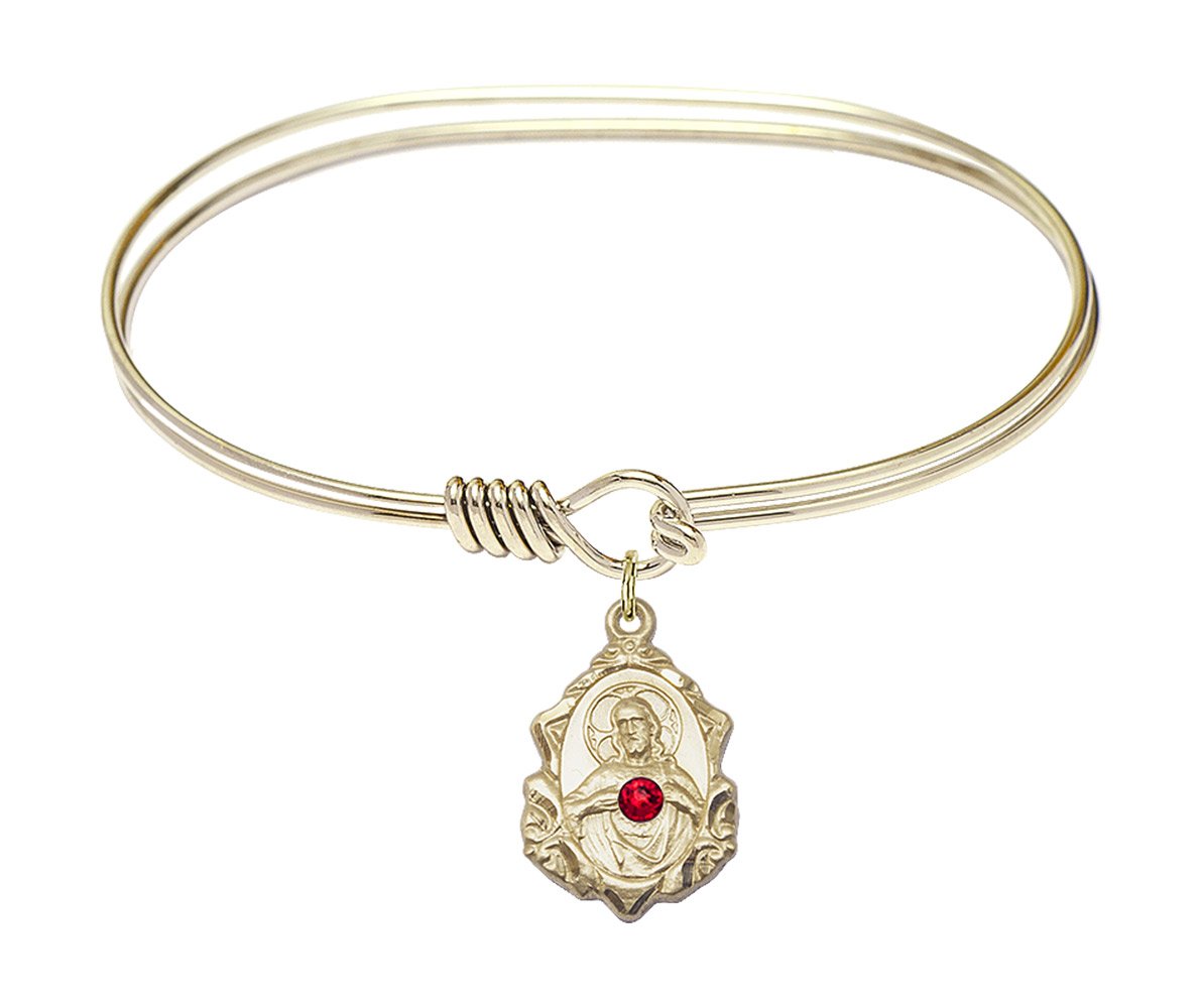 7 Inch Oval Eye Hook Bangle Bracelet with Scapular Medal Charm & July Red Crystal - Elegant Jewelry for Women, Perfect for Daily Wear, Parties, and Gifts