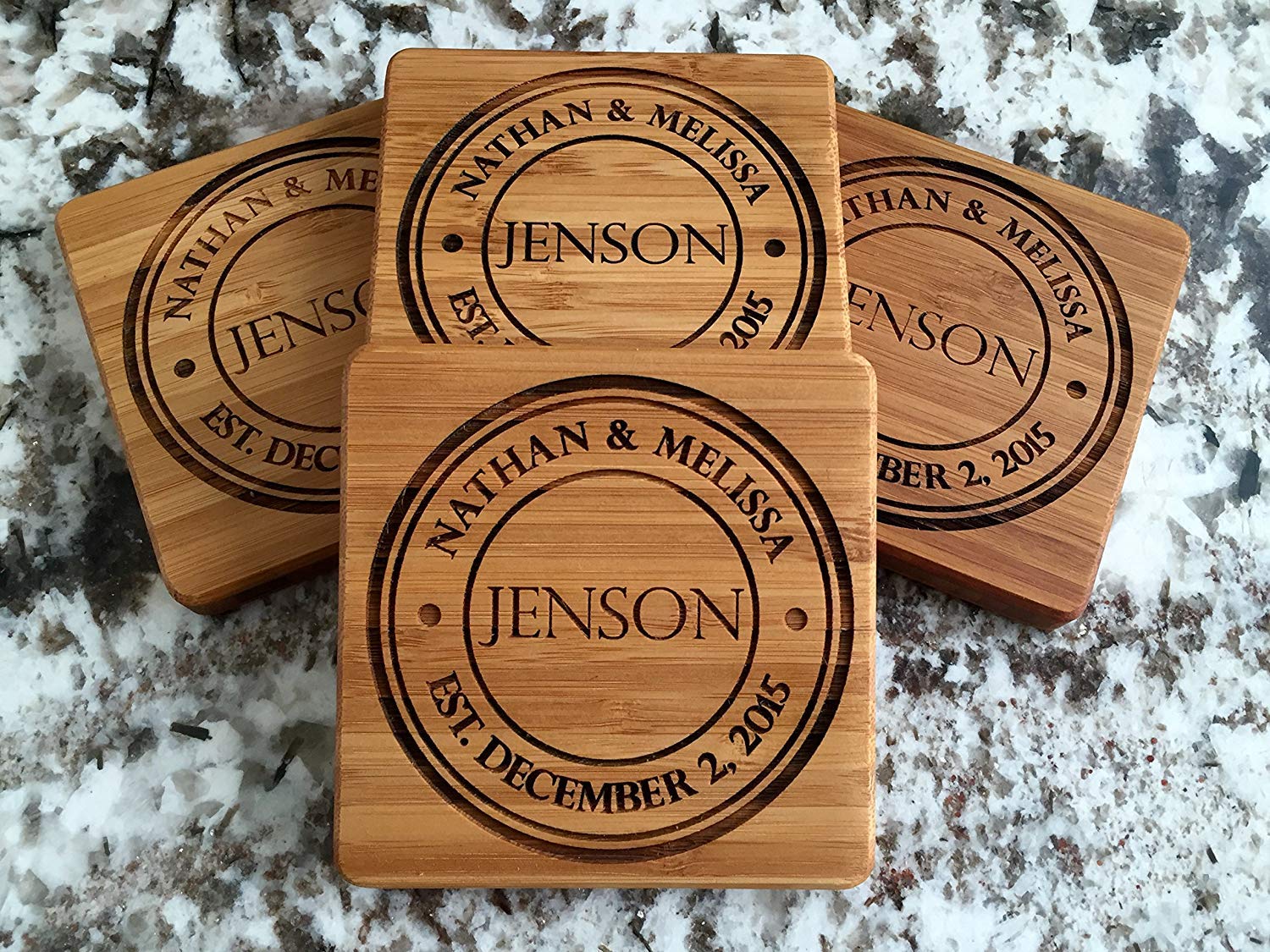 Personalized Drink Coasters Set of 4 - Custom Monogram Wedding Gifts for Couples, Housewarming Gifts for New Home - Elegant Jenson Design Coasters for Dining Table, Coffee Table & Bar Use