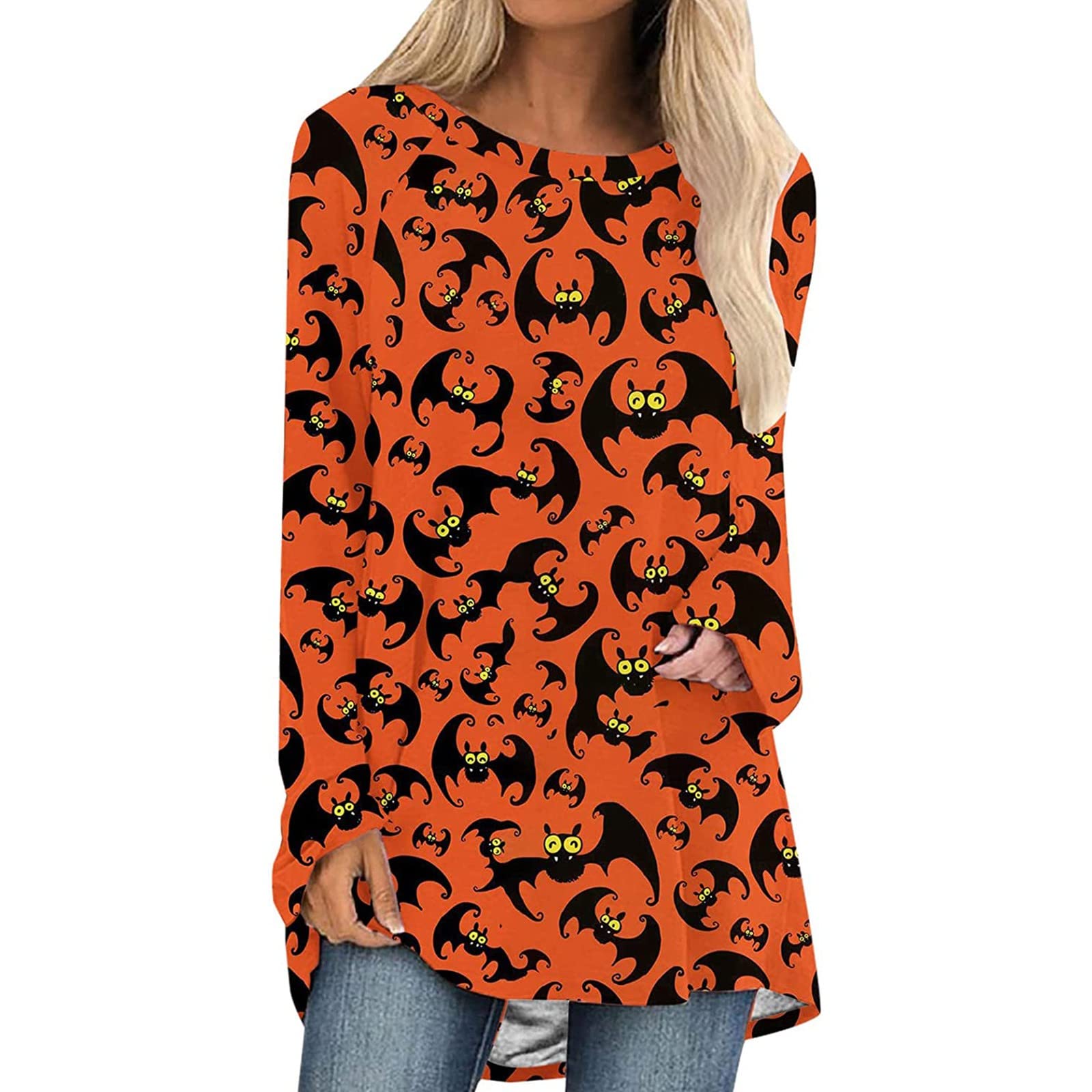Women's Halloween Pumpkin Cat Printed Long Sleeve Crew Neck T-Shirt - Workout & Exercise Top for Fall Festivals, Costume Parties & Casual Wear
