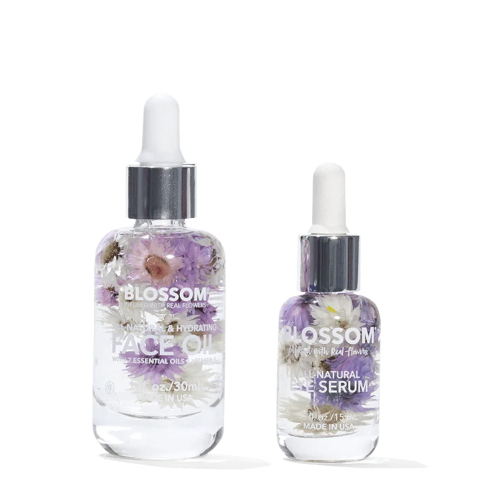 Blossom All Natural Eye Serum & Face Oil Set - Vegan, Organic Skincare for Dark Circles & Hydration | Perfect for Night Routine & Anti-Aging Care
