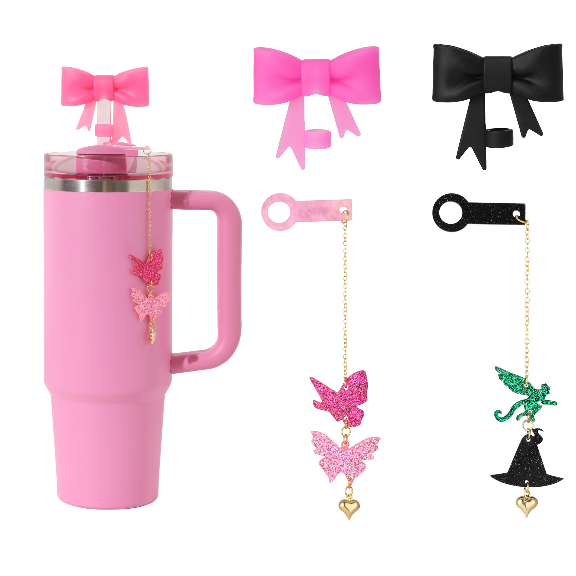 10mm Flying Monkey & Butterfly Straw Charms Set - 2pc Bow Straw Covers for 30oz & 40oz Tumblers - Cute Cup Accessories for Starbucks, Stanley, Hydro Flask (Perfect for Parties, Travel & Gift Giving)
