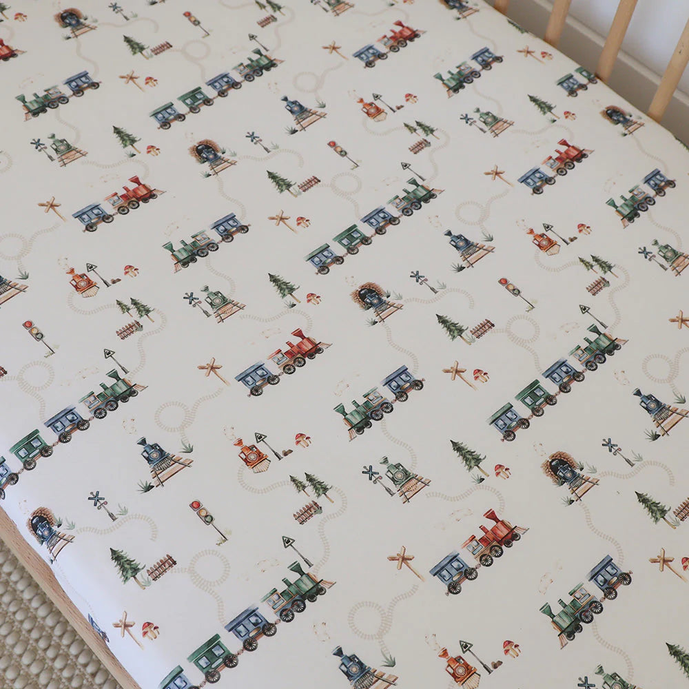Organic Fitted Jersey Cotton Crib Sheet with Train Pattern - Soft Baby Bedding for Nursery, Daycare & Travel - Snuggle Hunny