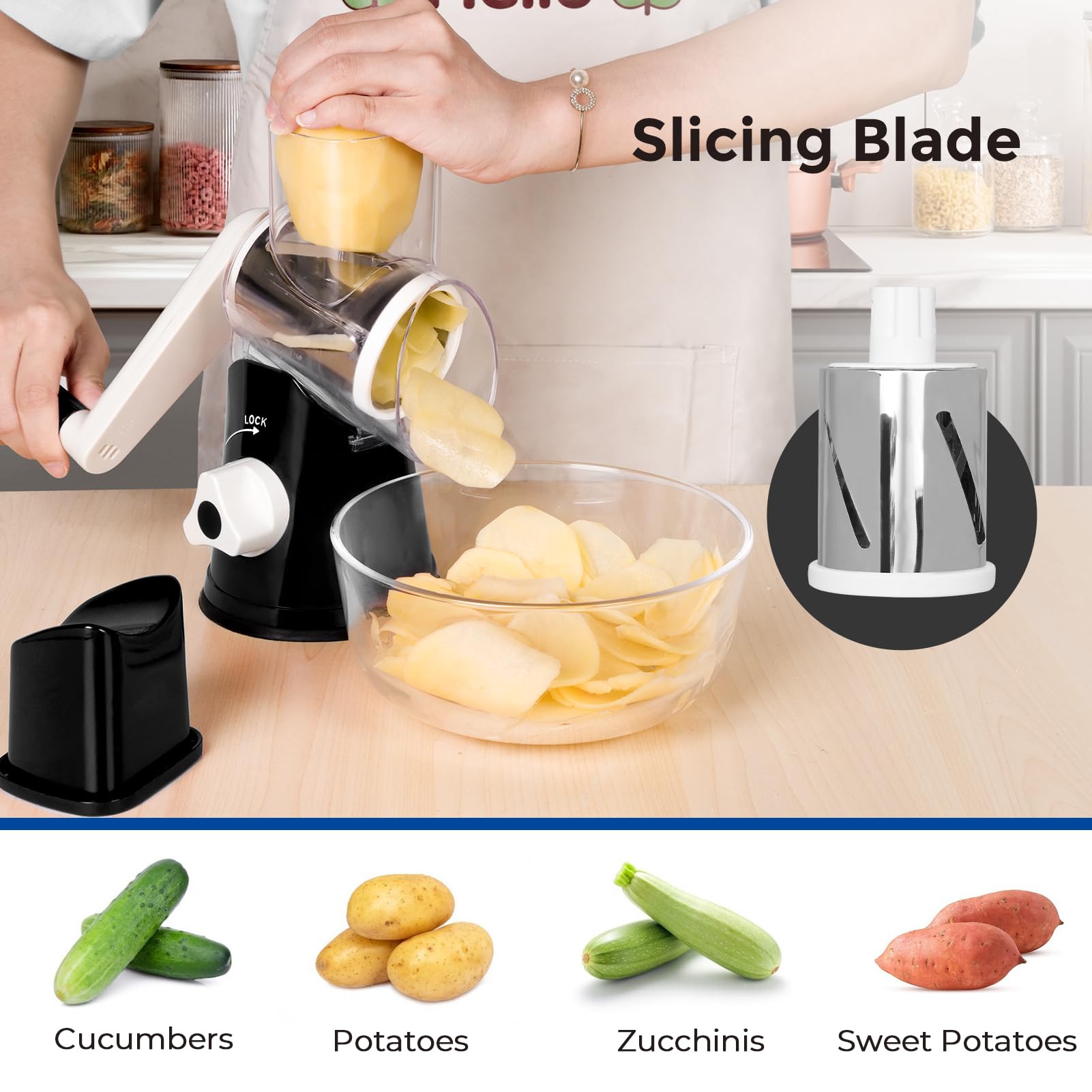 Premium Rotary Cheese Grater for Kitchen - 3 Interchangeable Blades Shredder with Ergonomic Handle & Strong Suction Base - Perfect for Cheese, Vegetables, Fruits, Nuts - Easy to Use & Clean - Ideal for Pizza Topping, Salad Prep & Baking (Black)