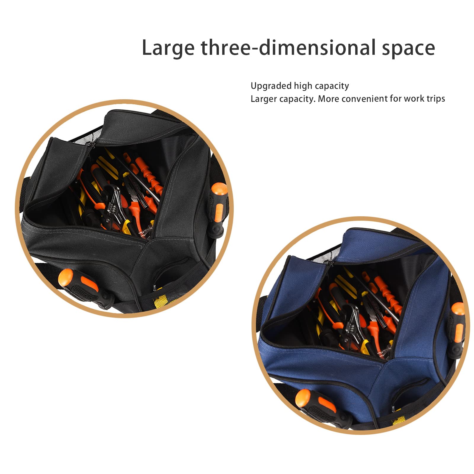 14 Inch Small Tool Bag - Waterproof Wide Mouth Electrician's Tote with Double Fabric Storage (Black+Blue) | Perfect for Electricians, Repairmen & DIY Home Improvement Projects
