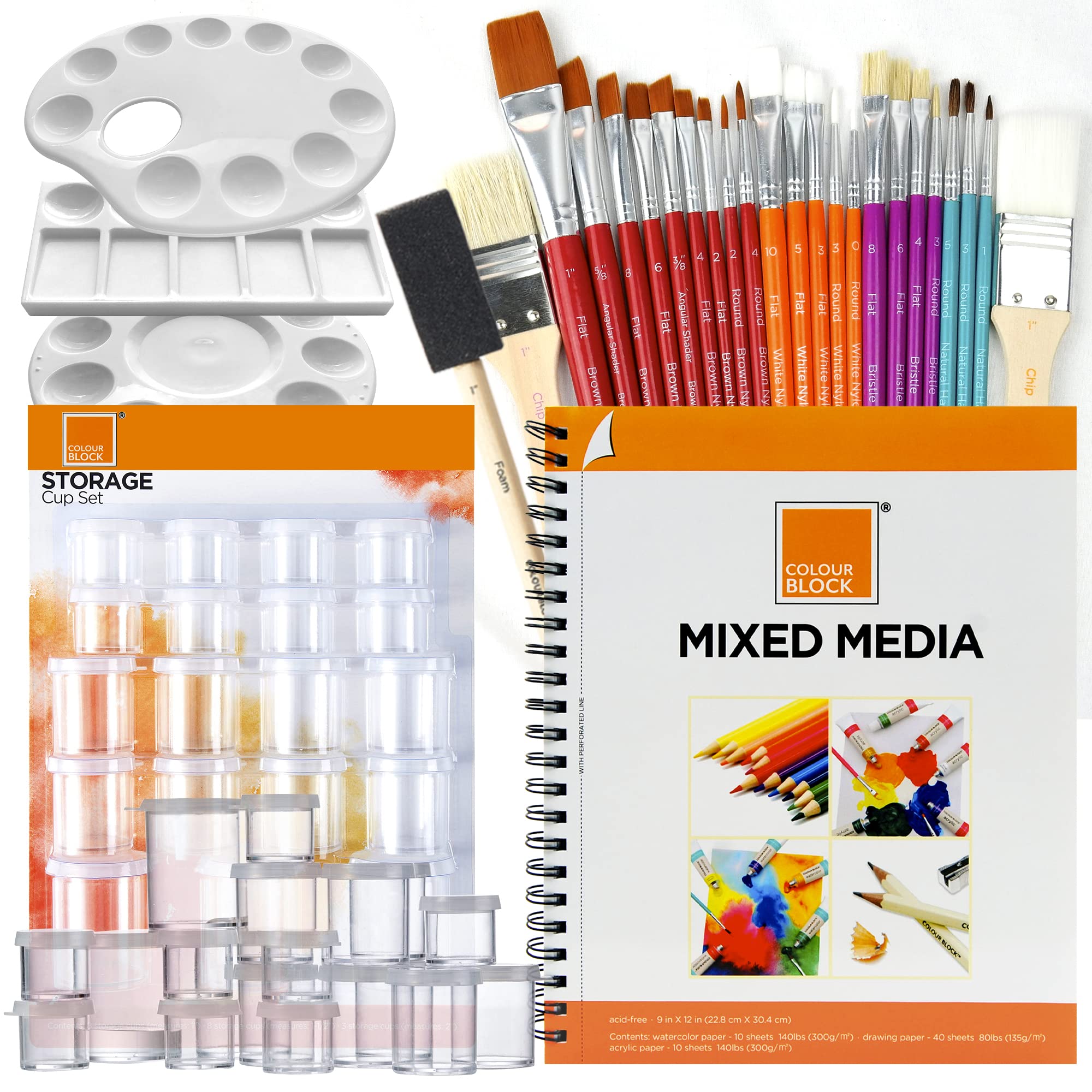 48-Piece Professional Art Kit with Watercolor & Acrylic Brushes, Sketchbook, and Storage - Perfect for Artists, Students & DIY Painting Projects | Includes 25 Brushes, 60-Sheet Sketchbook, 19 Cups & 3 Palette Trays