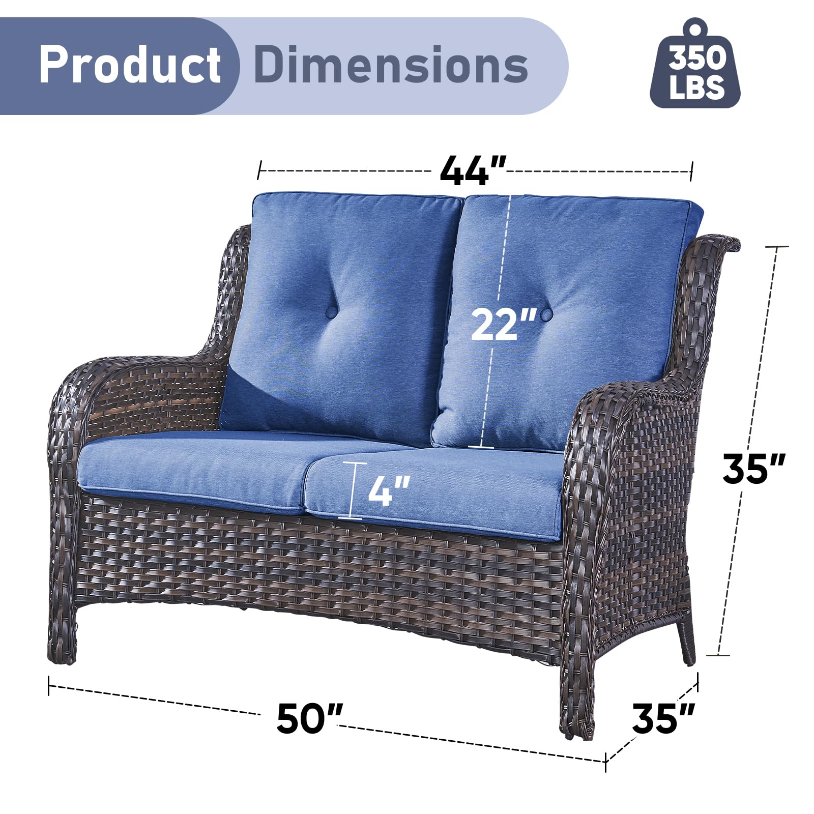 Outdoor Loveseat Sofa - 2 Seater Rattan Wicker Patio Couch with High Back - Brown/Blue - Perfect for Porch, Deck, Backyard, Garden & Outdoor Relaxation