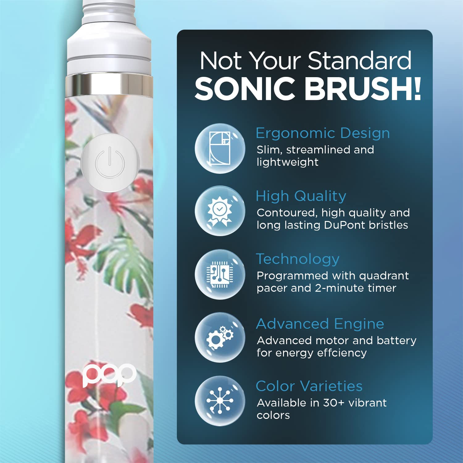 Pop Sonic Electric Toothbrush for Kids & Adults - White Floral Travel Toothbrush with 2 Speed Modes (15,000-30,000 RPM), AAA Battery Powered, Dupont Nylon Bristles | Perfect for Home, Travel & Daily Oral Care