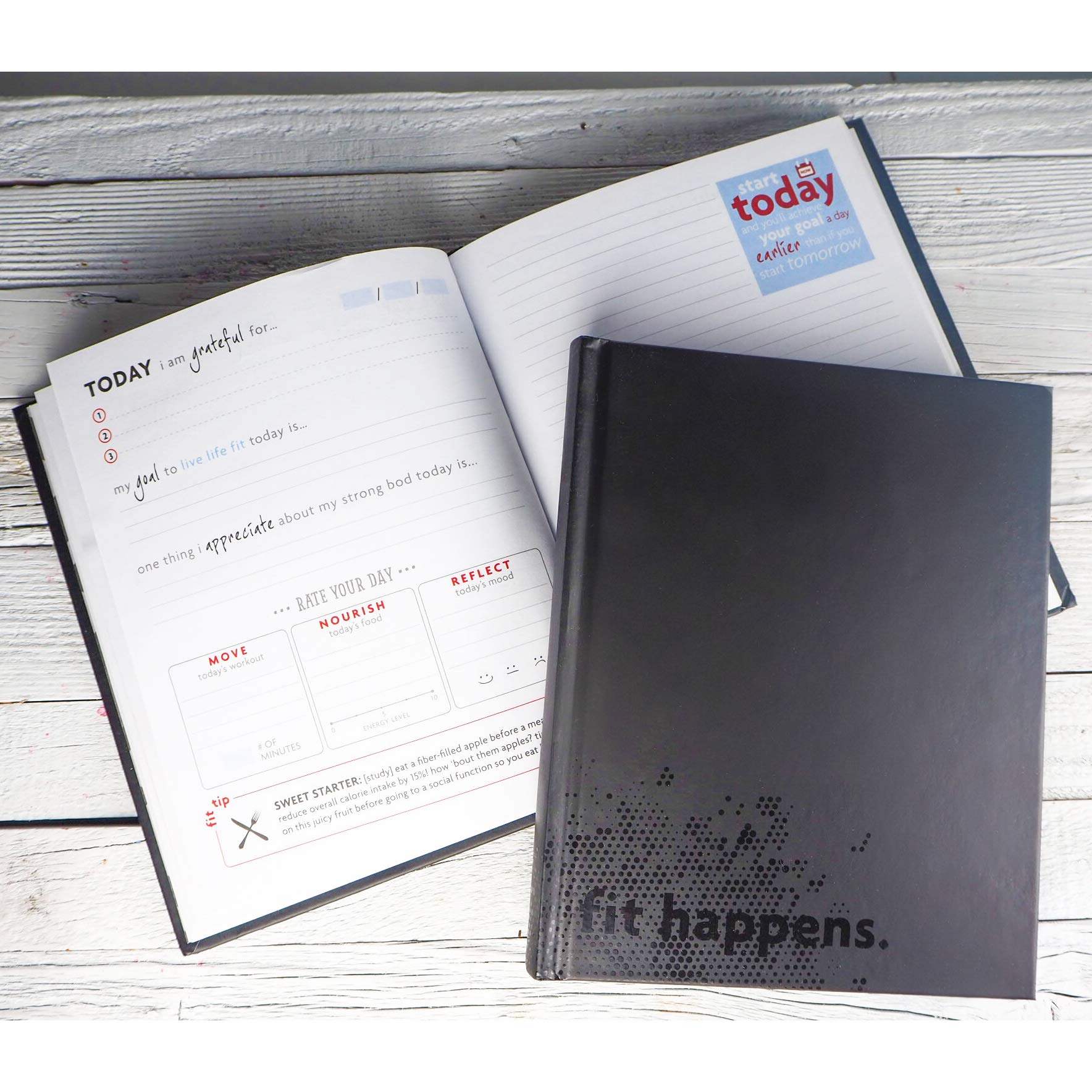 Fitspiration 'Fit Happens' Fitness Goal Tracker & Gratitude Journal - Daily Workout Planner & Mindfulness Diary for Gym Motivation & Self-Care Routine