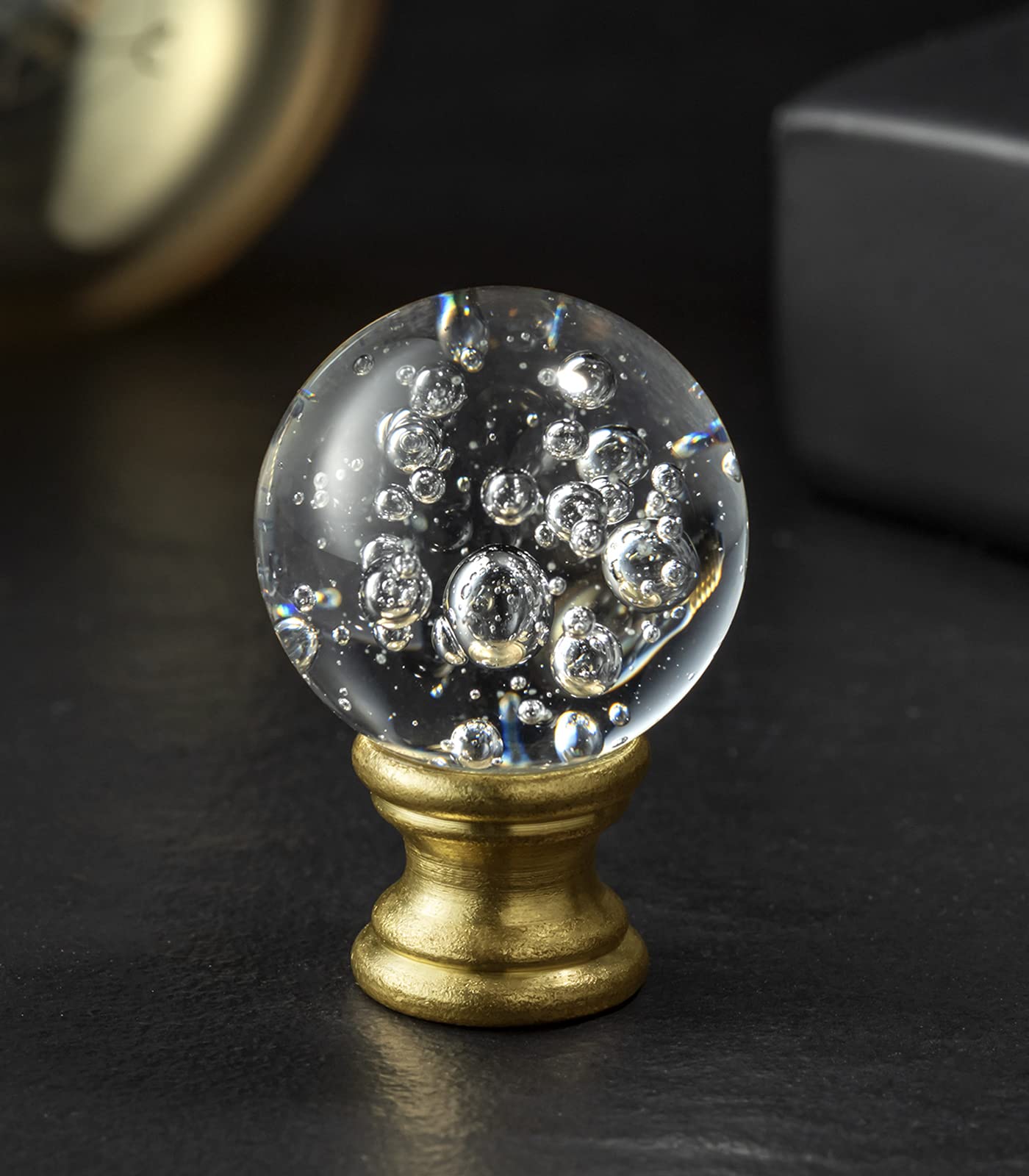 Polished Brass Crystal Lamp Finials - 2 Pack Clear Bubble Glass Ball with Screw Knob Cap - Elegant Decorative Accessories for Table & Floor Lamps - Perfect for Living Room, Bedroom, and Office Lighting Decor