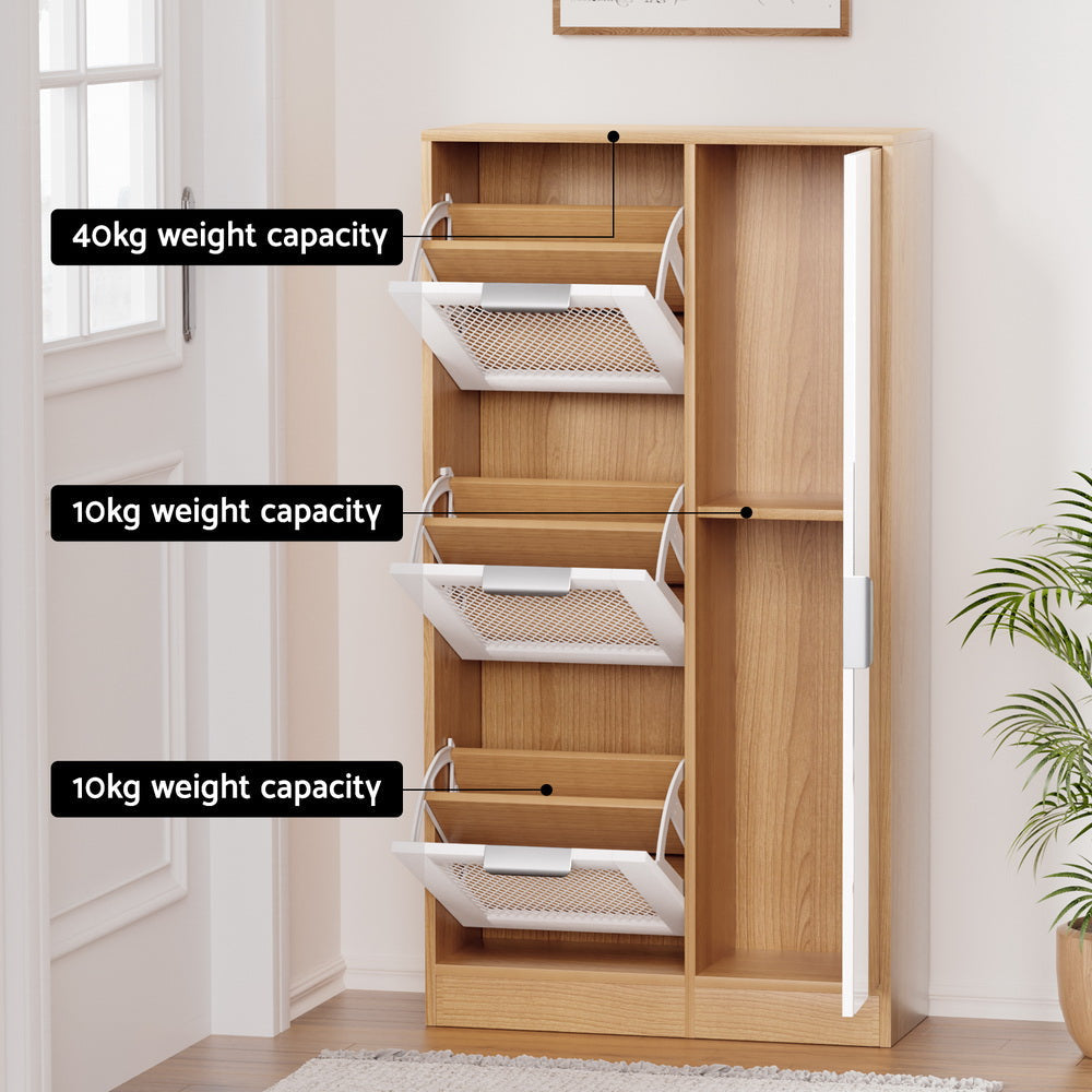 Artiss White Mesh Mirror Shoe Cabinet - Modern Entryway Storage Organizer with Full-Length Mirror for Hallway, Bedroom & Closet Organization
